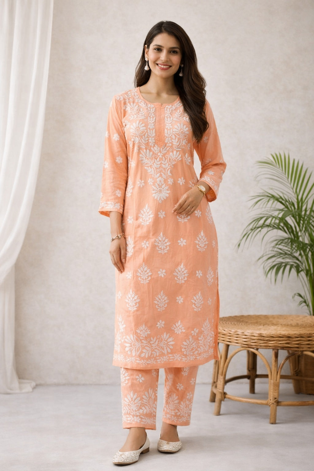 Karigiri Peach Floral Chikankari Mulmul Cotton Kurti Set_KF0142