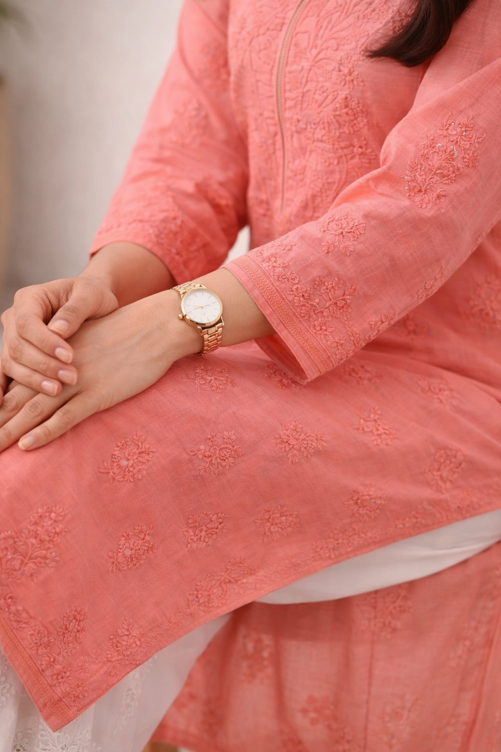 Karigiri Peach Chikankari Rayon Cotton Kurti Women_KF0097