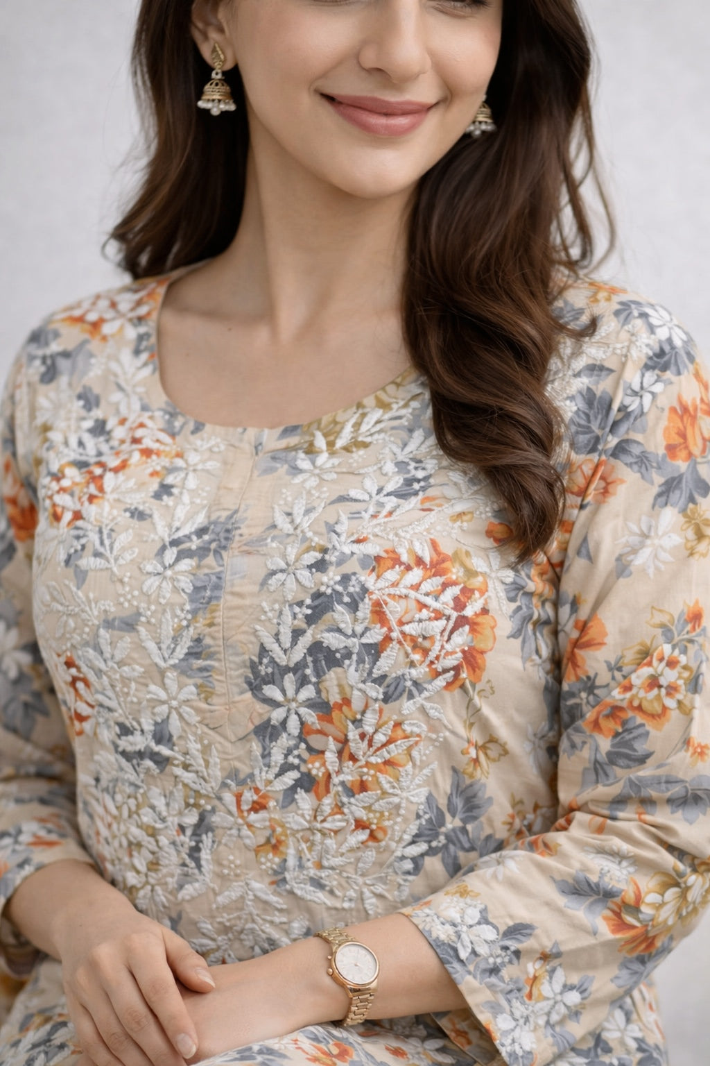 Karigiri Beige Lucknowi Chikankari Kurti Set_KF0006