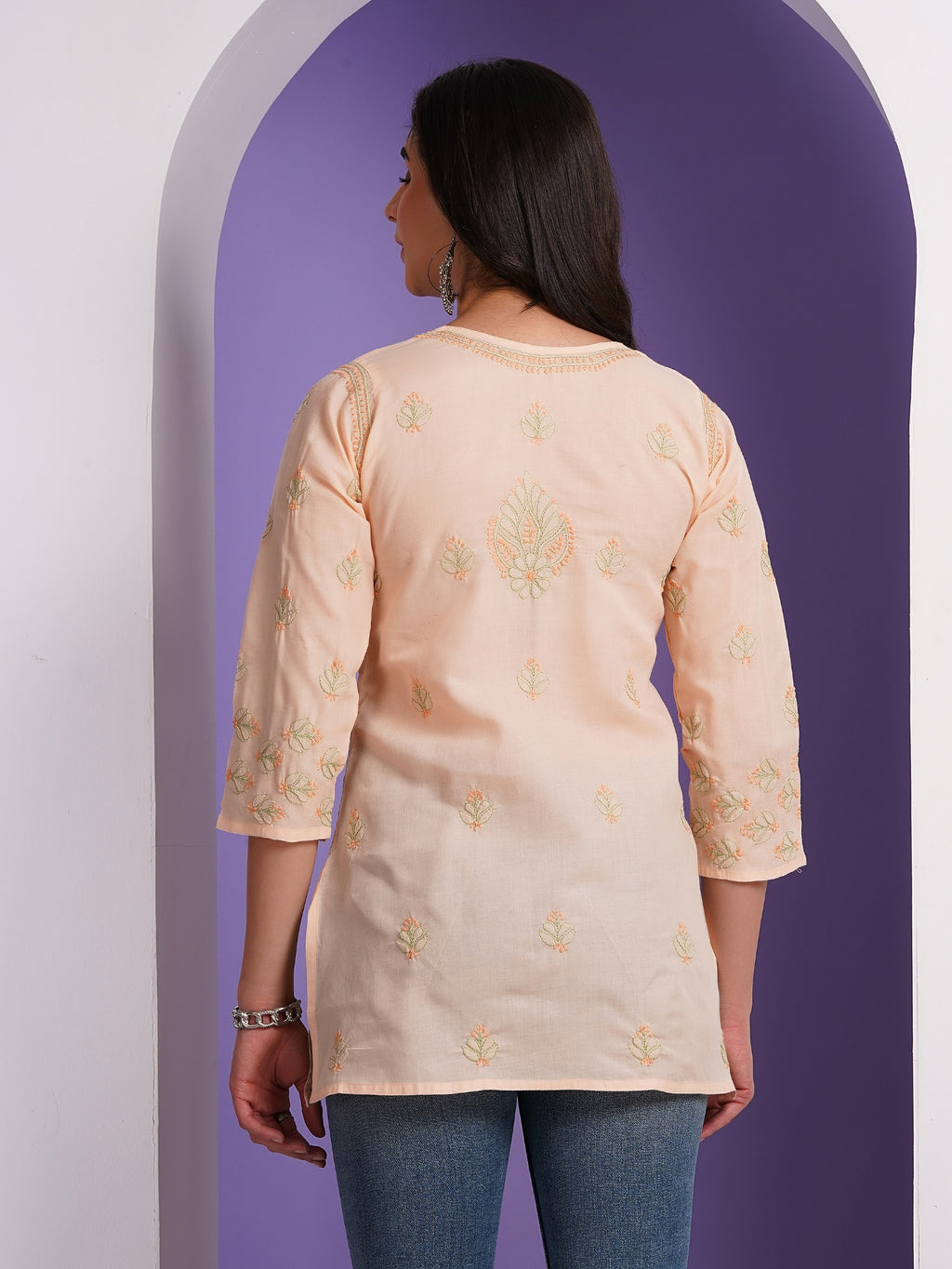 Karigiri Blush Peach Pure Cotton Chikankari Hand Embroidered Short Kurti