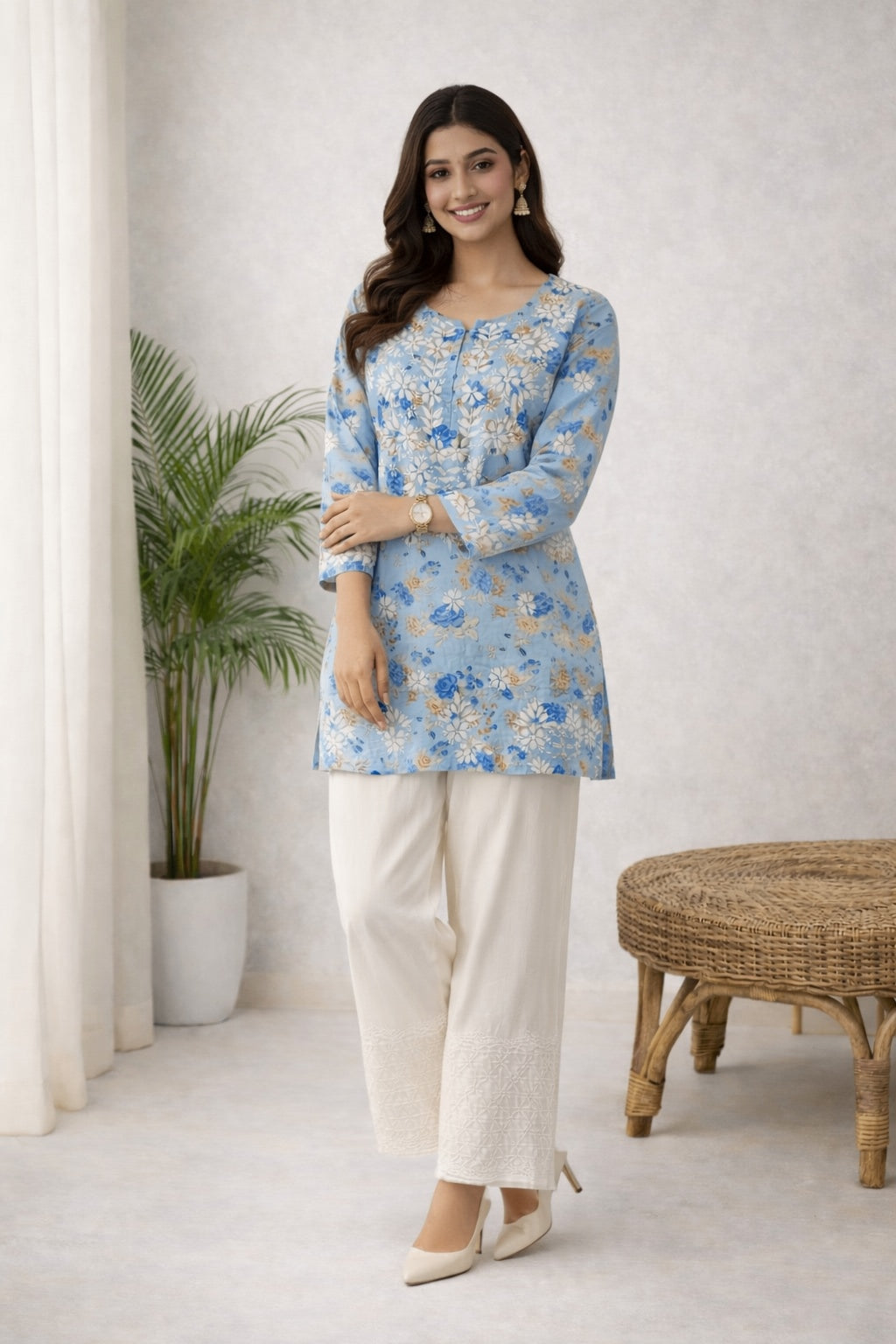 Karigiri Blue Floral Chikankari Cotton Short Kurti Women_KF0016