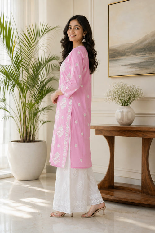 Karigiri Baby Pink Chikankari Mulmul Cotton Kurti_KF0005