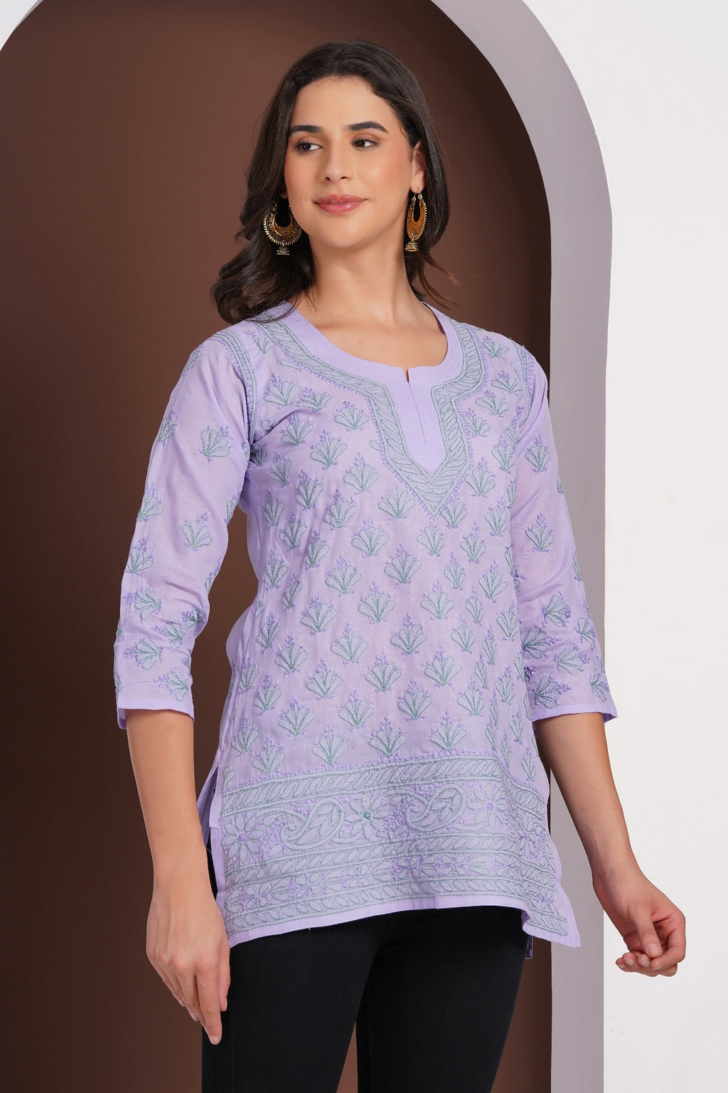 Karigiri Lucknowi Chikankari Hand Embroidered Pure Cotton Straight Hip Length Short Lavender Kurti, 3/4 Sleeve, Ethnic Wear