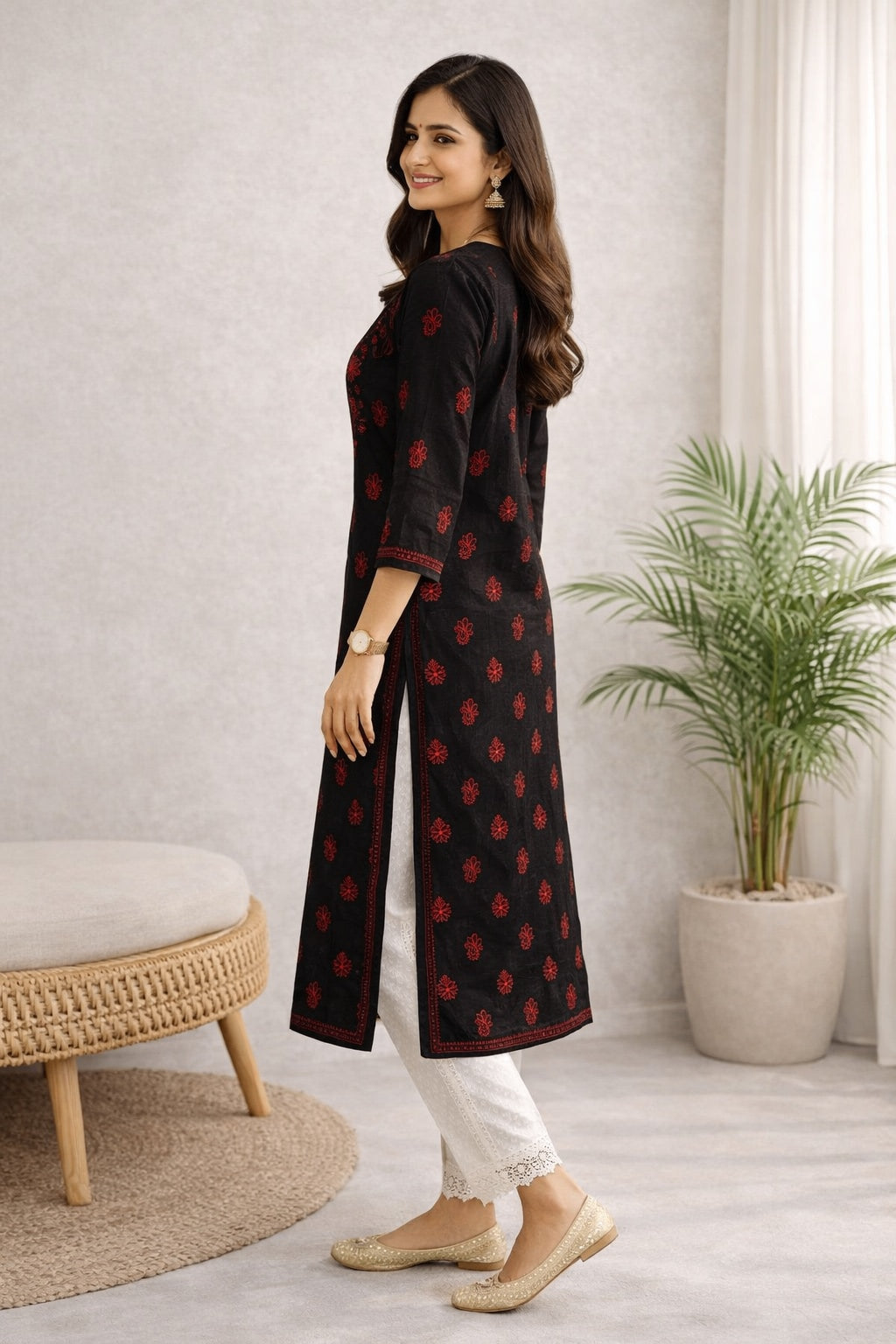 Karigiri Black Red Chikankari Cotton Kurti Women_KF0007