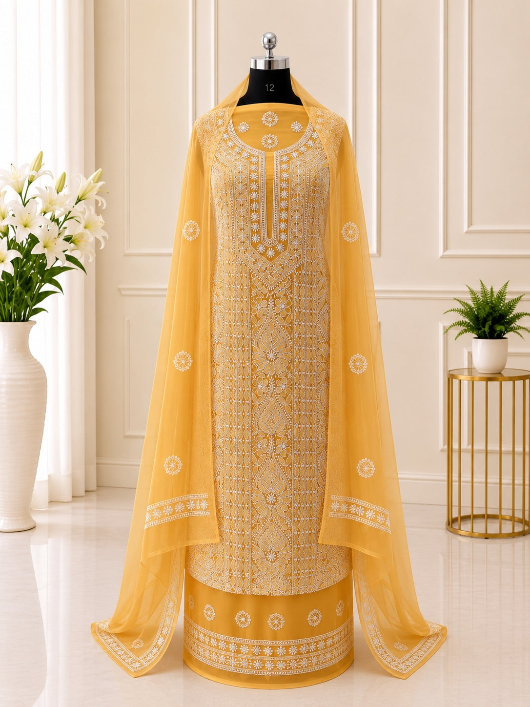 Karigiri Mustard Yellow Chikankari Georgette Dress Material