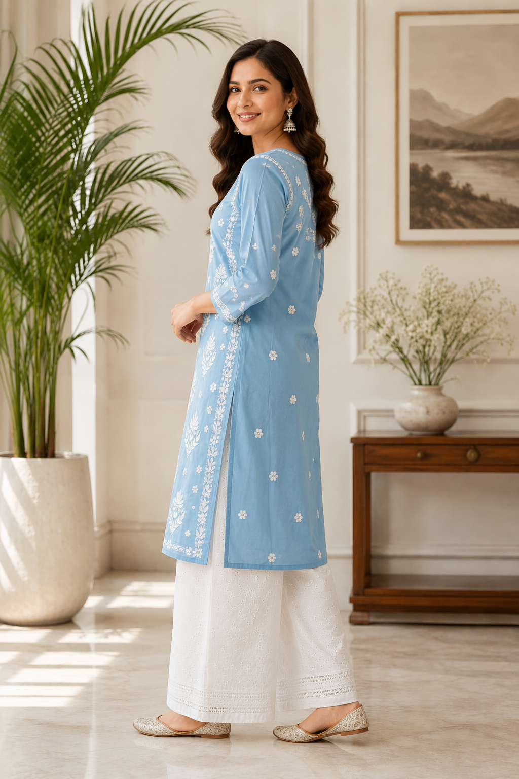 Karigiri Sky Blue Chikankari Soft Mulmul Cotton Kurti Women_KF0182