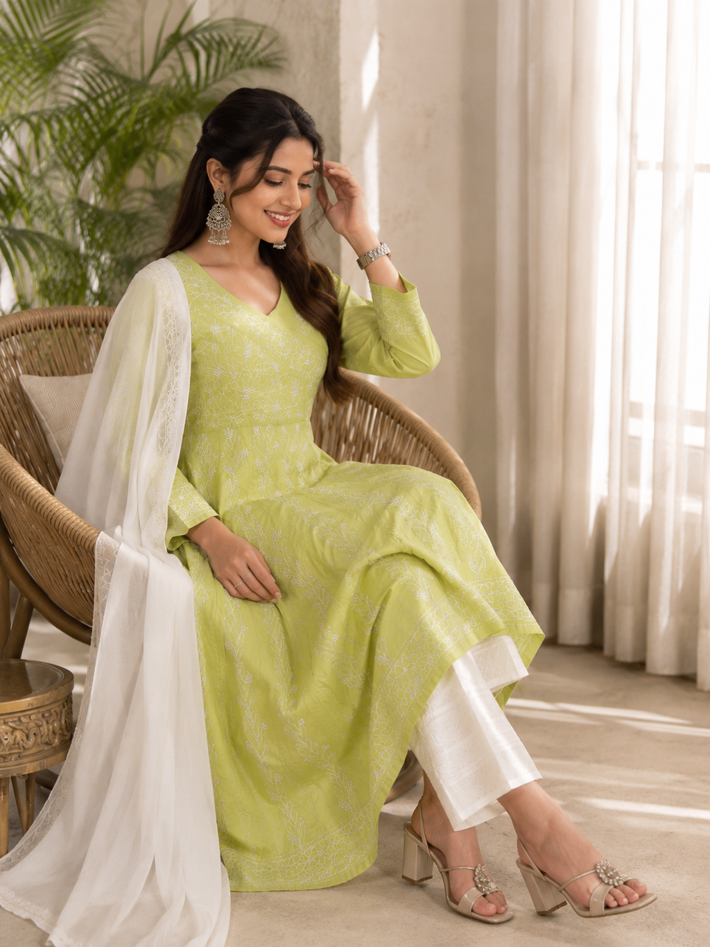 Karigiri Pistachio Green Hand Embroidered Chikankari Cotton Anarkali Kurti