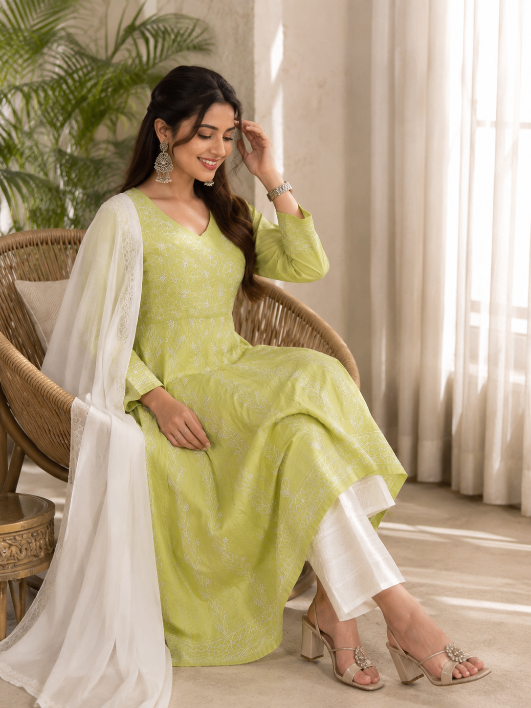 Karigiri Pistachio Green Hand Embroidered Chikankari Cotton Anarkali Kurti