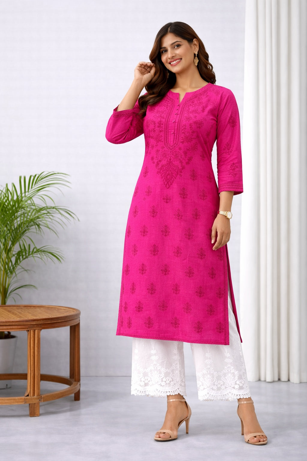 Karigiri Fuchsia Pink Chikankari Cotton Kurti_KF0050