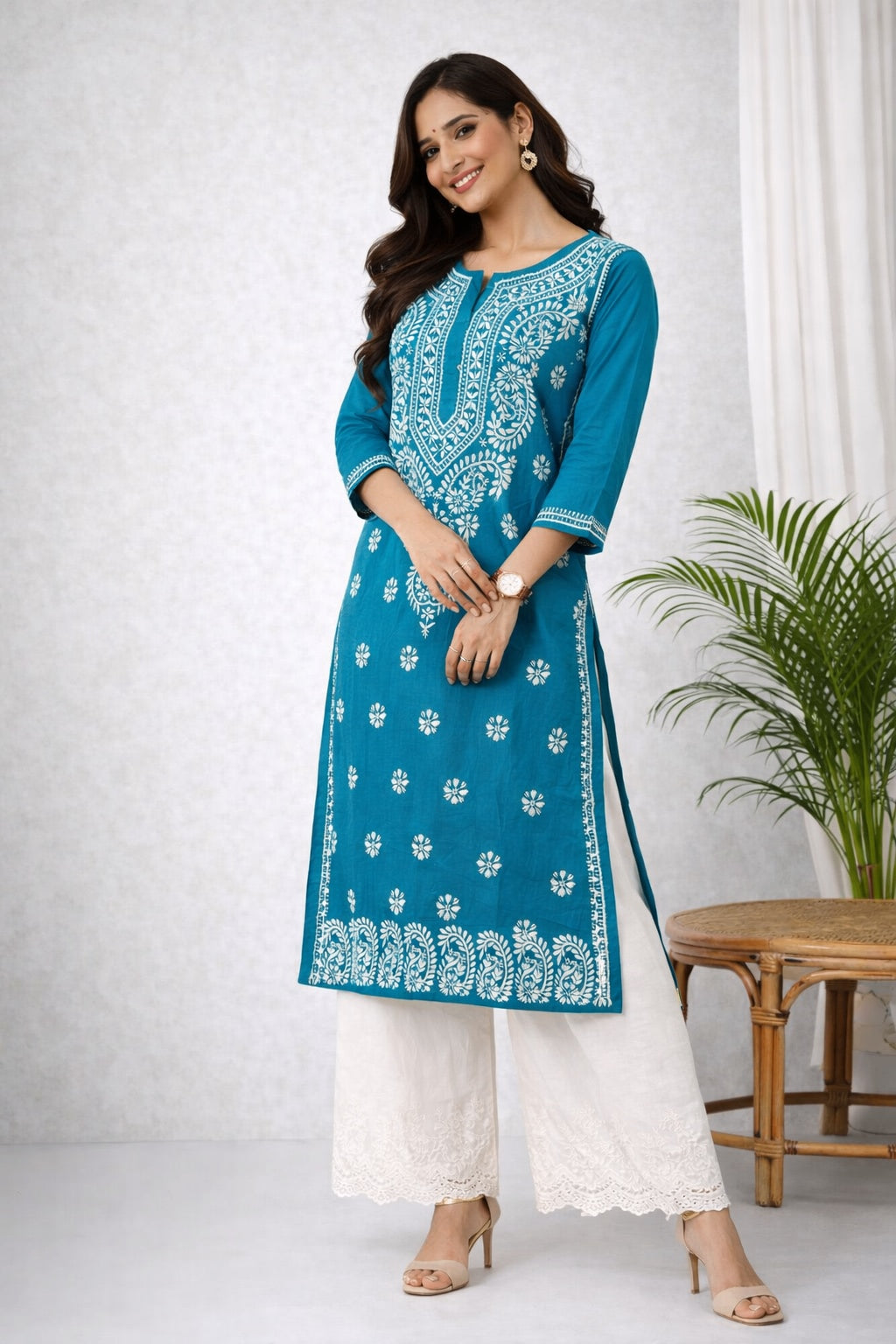 Karigiri Teal Blue Chikankari Cotton Kurti Women_KF0105