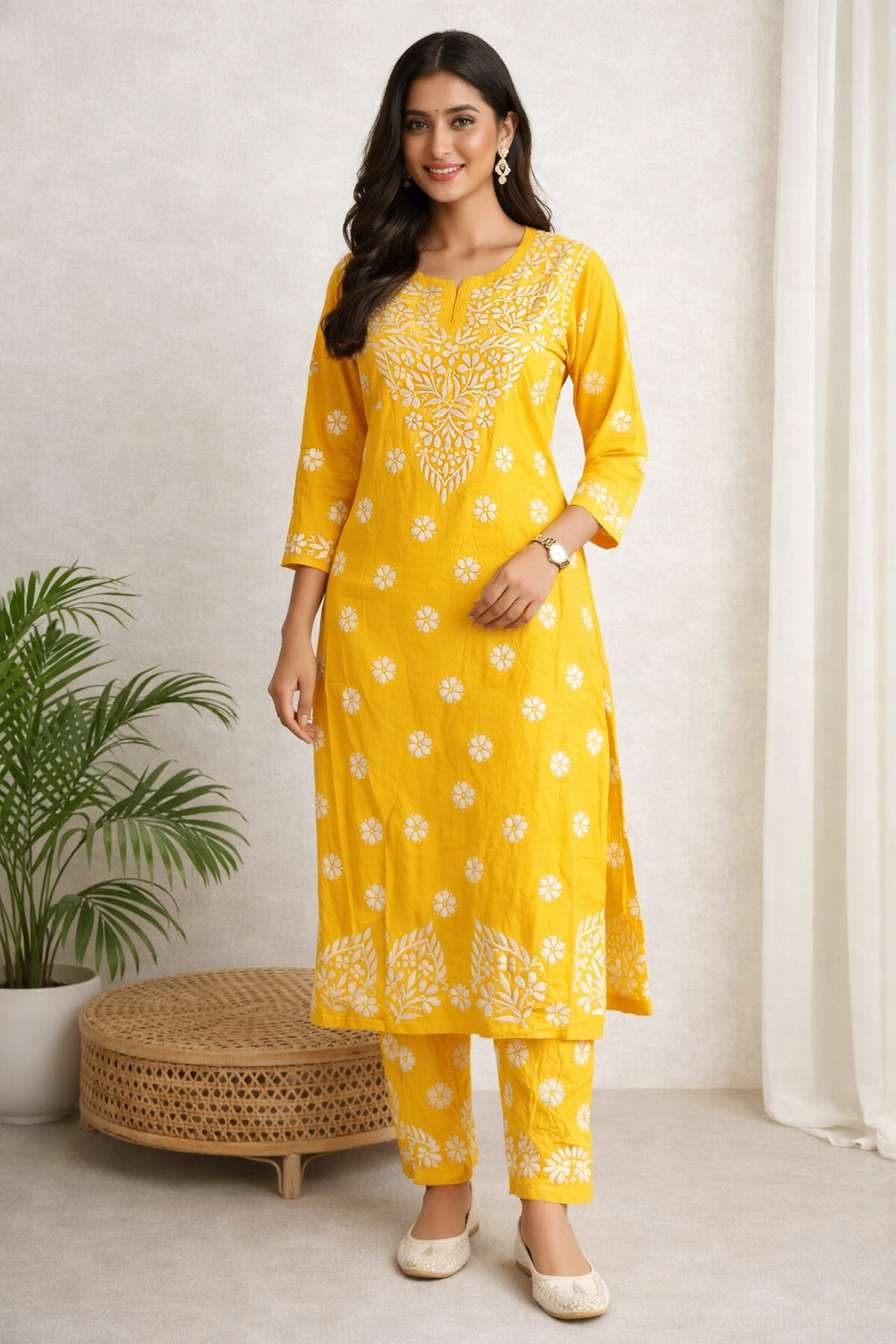 Karigiri Yellow Floral Lucknowi Chikankari Long Calf Length Kurti Set (Kurti with Same Pant), Hand Embroidered Soft Cotton, Straight Fit, Three-Quarter Sleeves, Round Neck