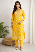 Karigiri Yellow Floral Lucknowi Chikankari Long Calf Length Kurti Set (Kurti with Same Pant), Hand Embroidered Soft Cotton, Straight Fit, Three-Quarter Sleeves, Round Neck