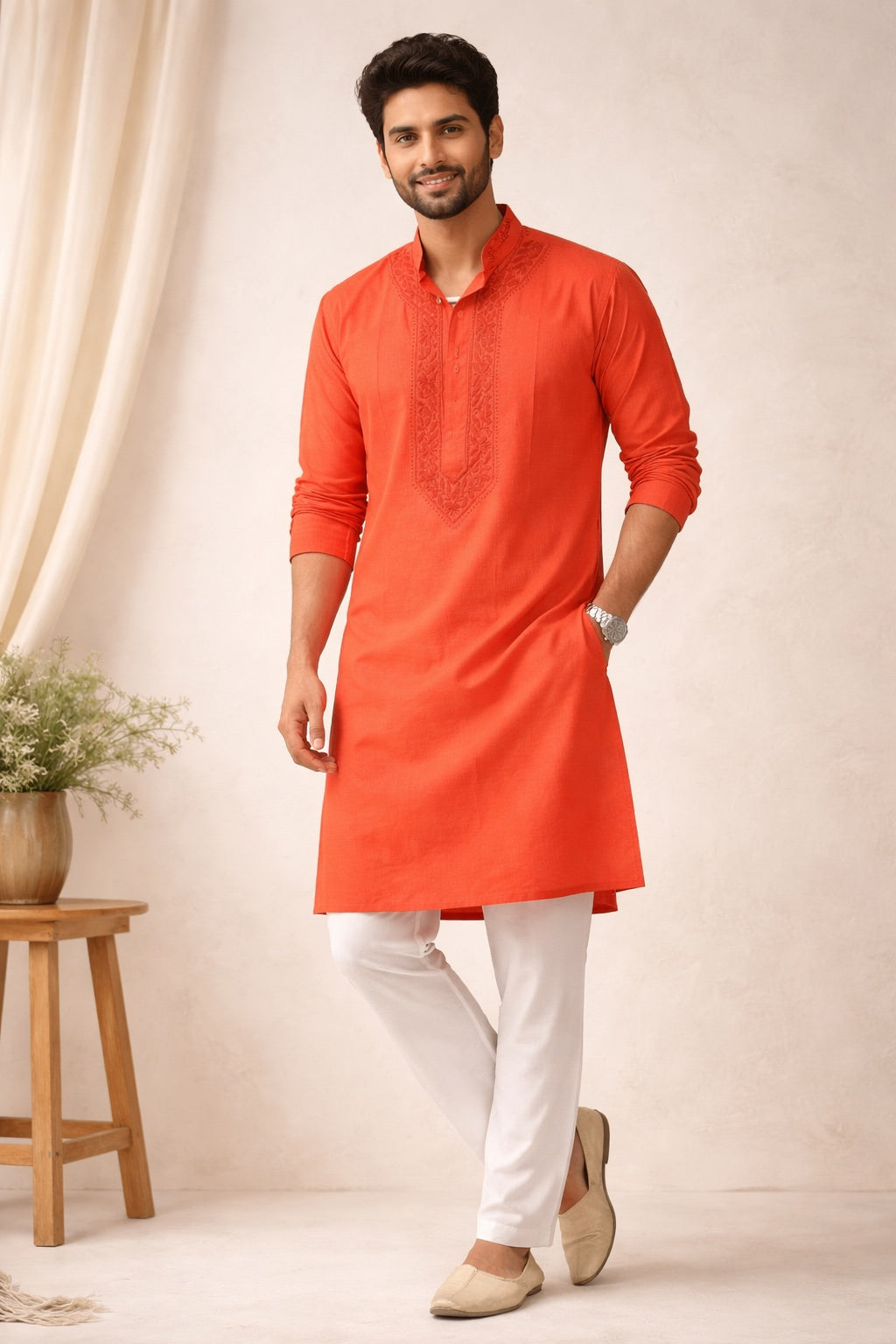 Karigiri Men's Saffron Orange Chikankari Cotton Kurta_KF0168