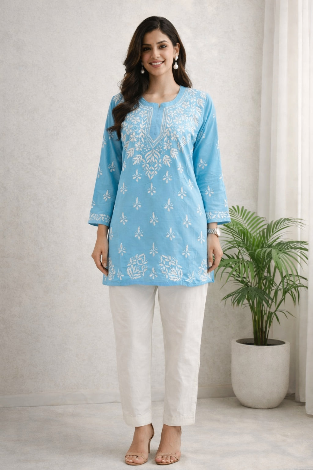 Karigiri Sky Blue Chikankari Rayon Short Kurti_KF0189