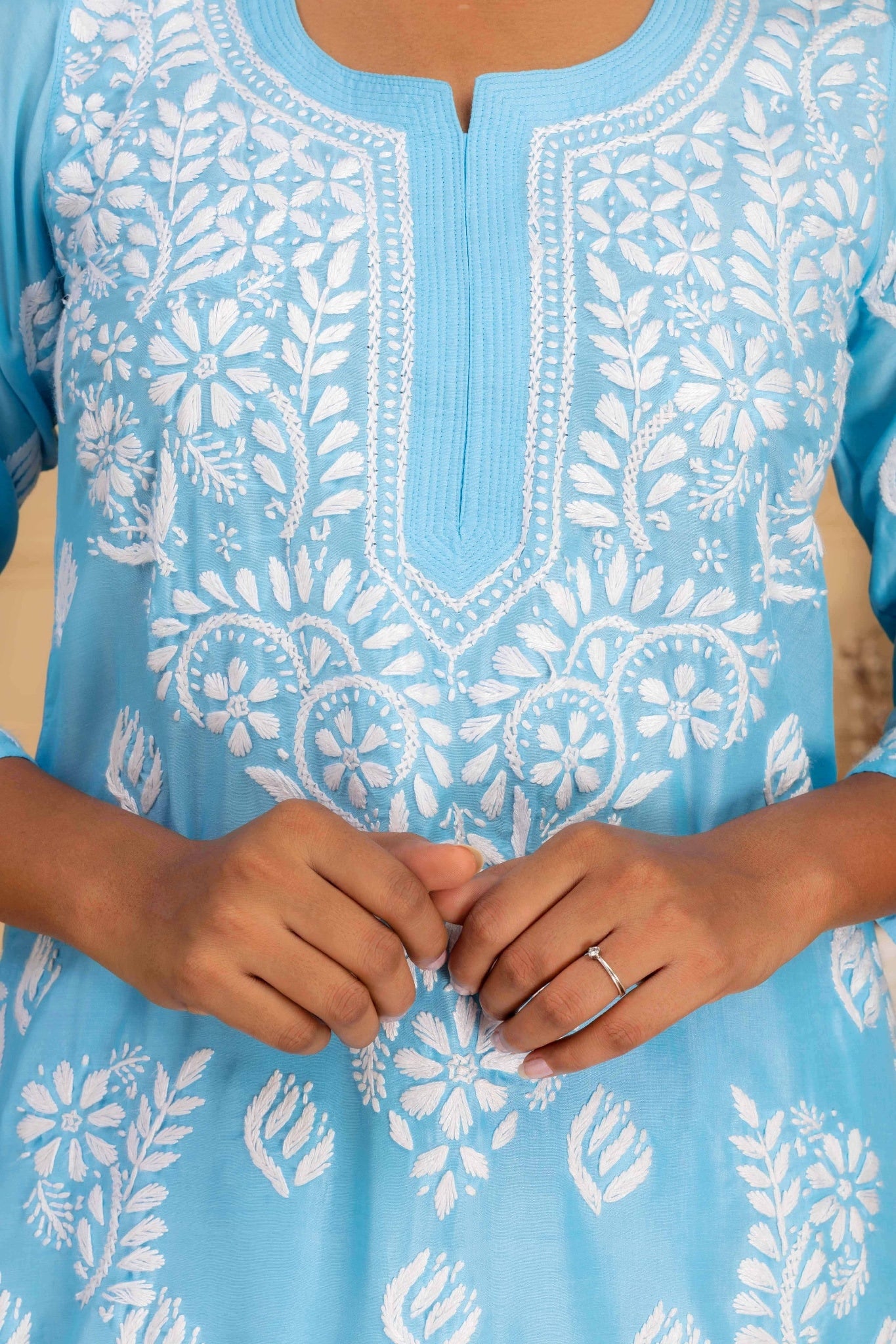 Karigiri Light Blue Chikankari Hand Embroidered Muslin Kurti Set with White Floral Motifs, 3/4 Sleeves