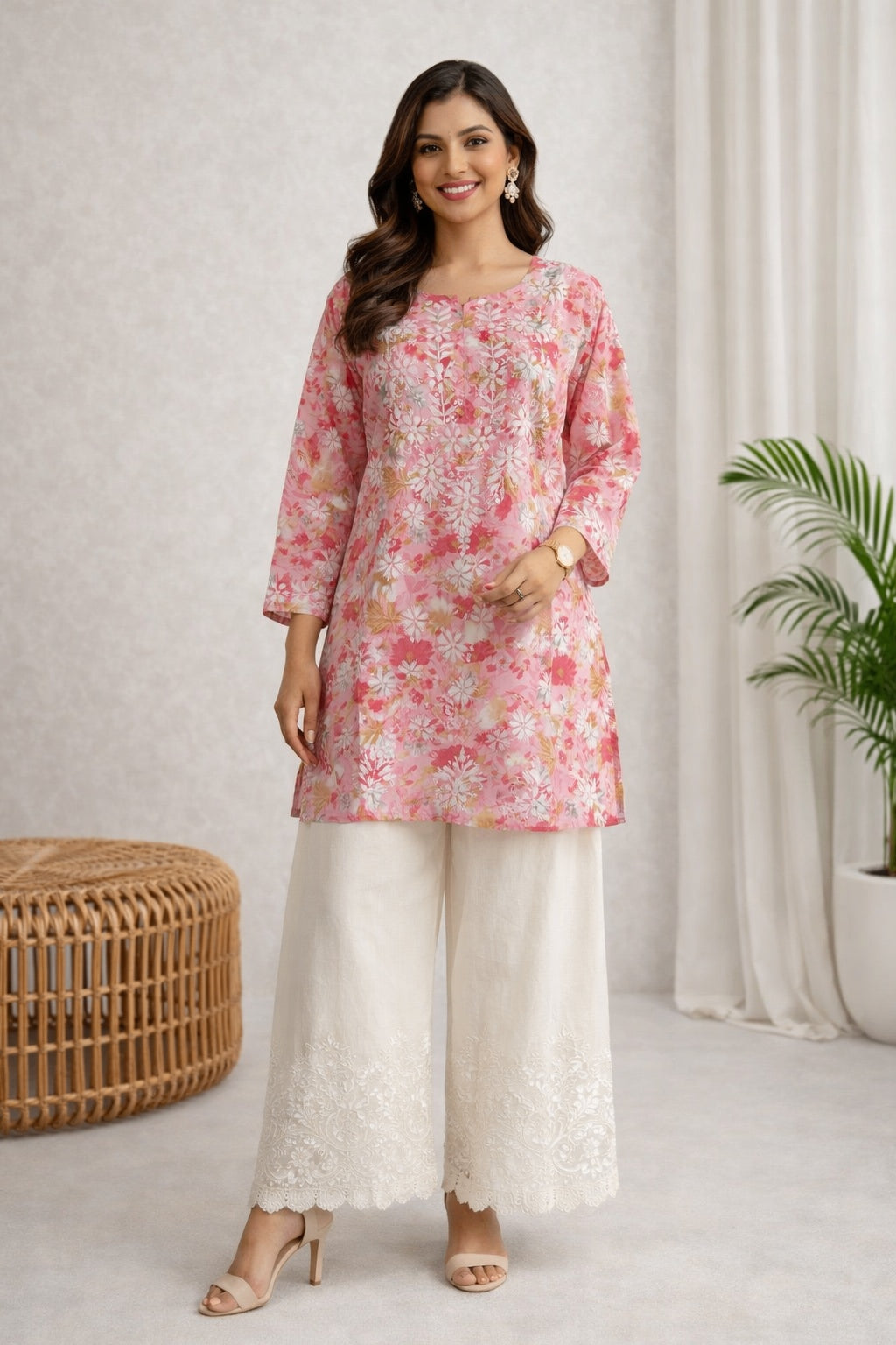 Karigiri Pink Floral Print Chikankari Short Kurti_KF0149