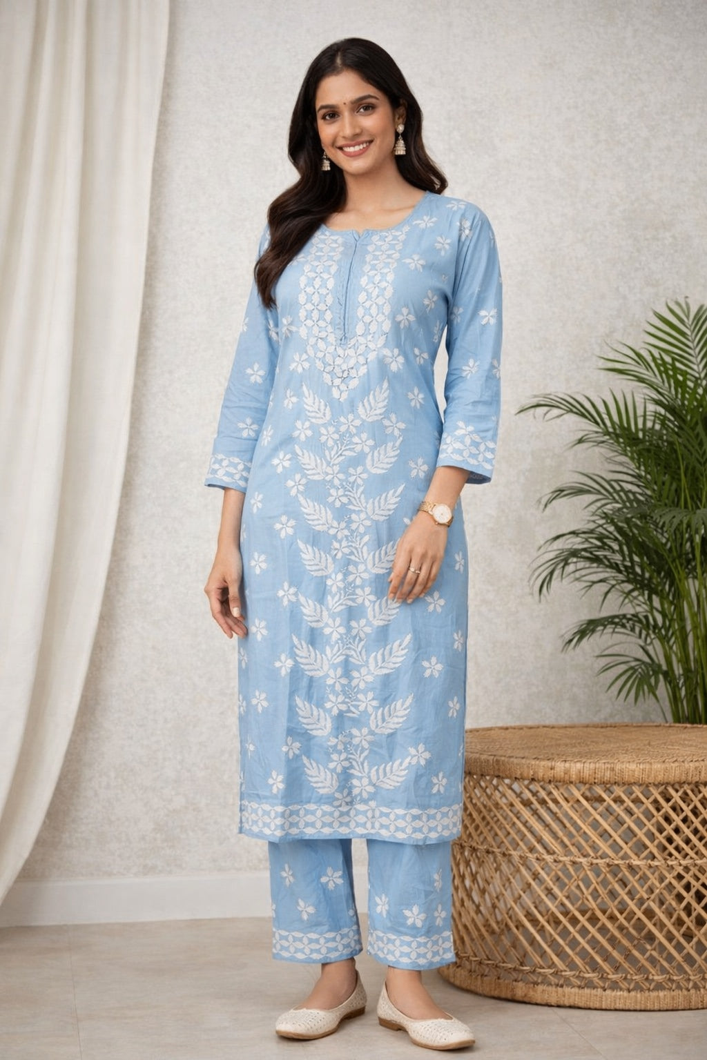 Karigiri Sky Blue Floral Chikankari Soft Mulmul Cotton Kurti Set_KF0179