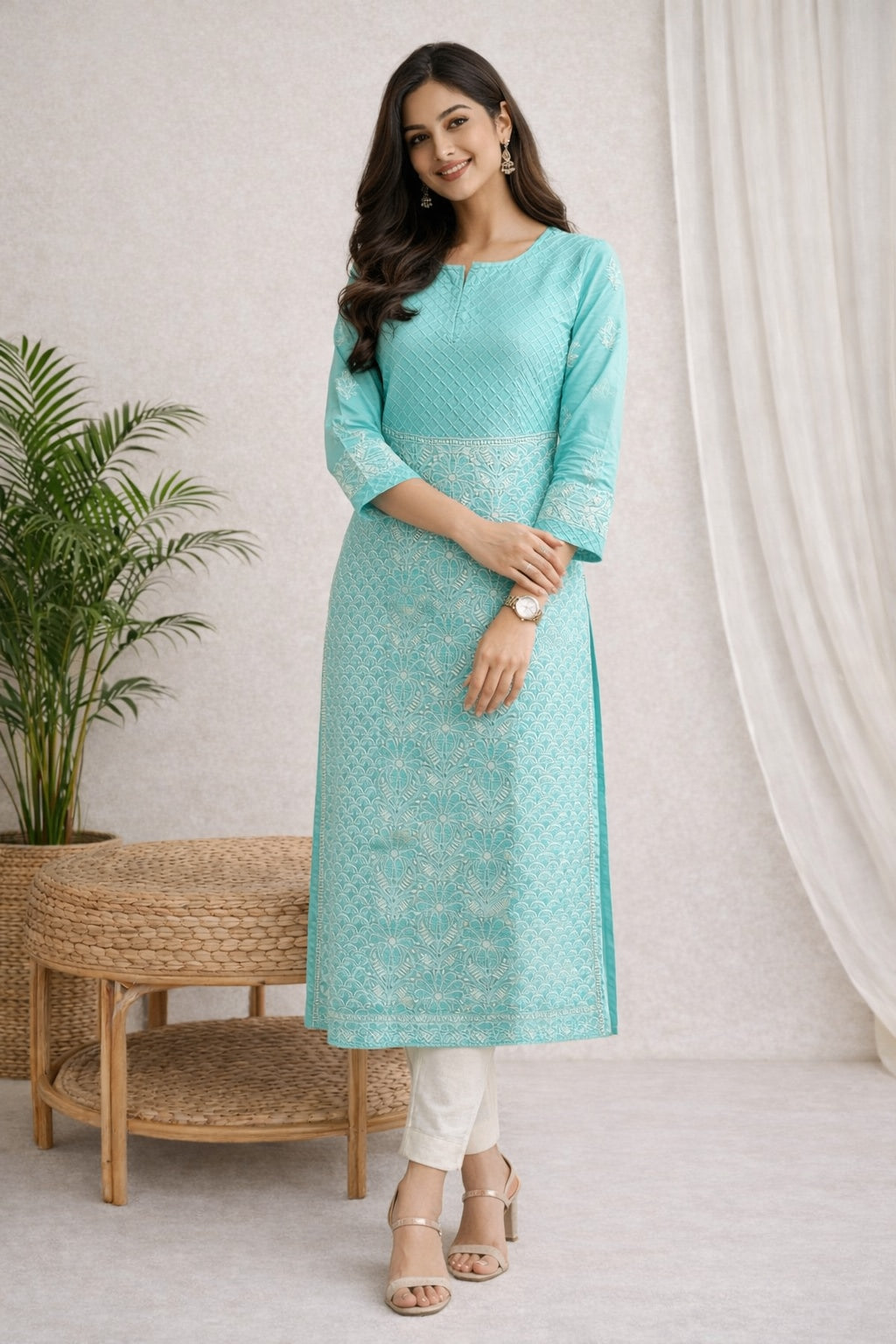 Karigiri Sea Green Chikankari Cotton Front Allover work Kurti, Women_KF0072