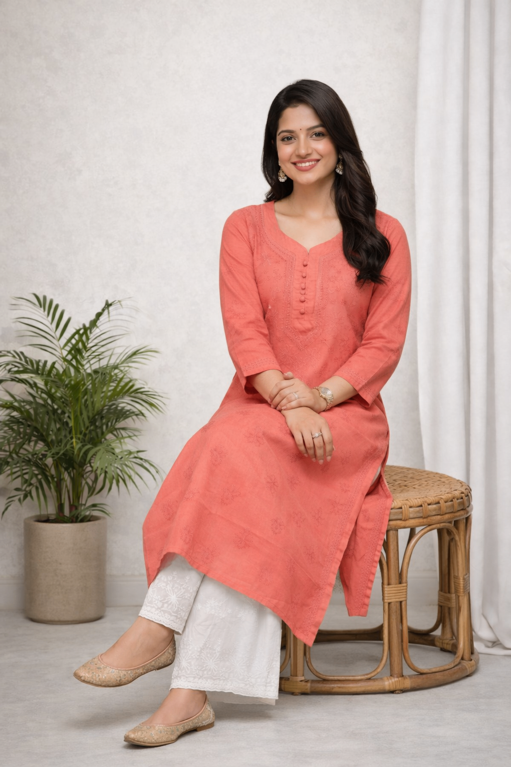Karigiri Coral Peach Chikankari Cotton Kurti Women_KF0027