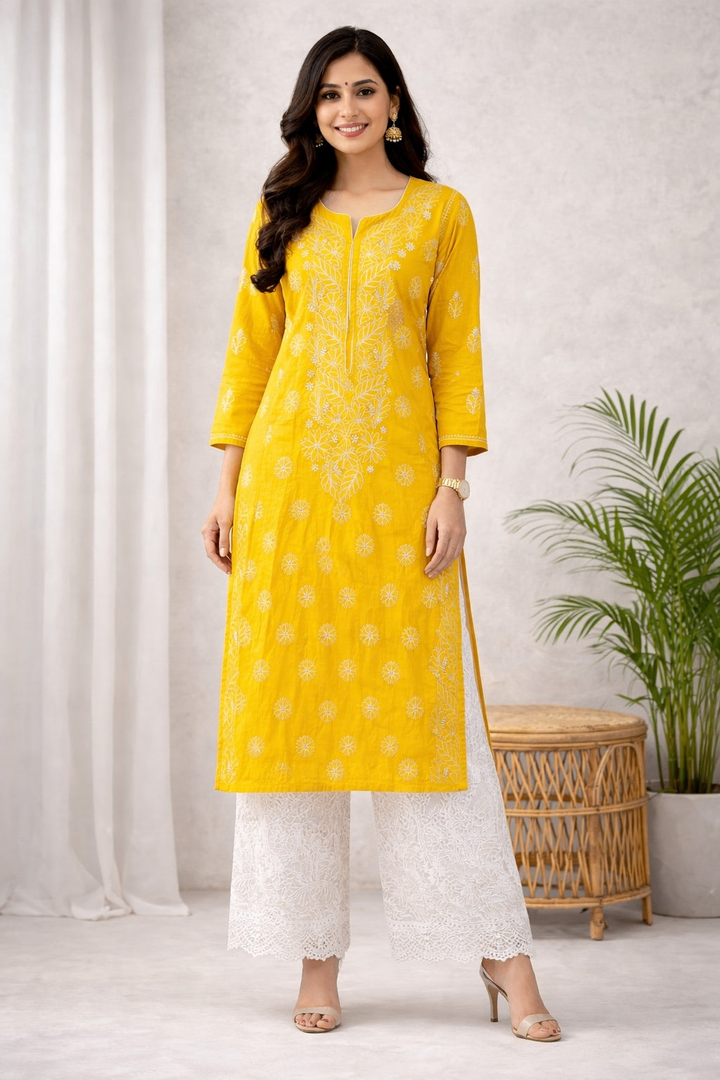 Karigiri Yellow Chikankari Rayon Cotton Kurti Women_KF0100
