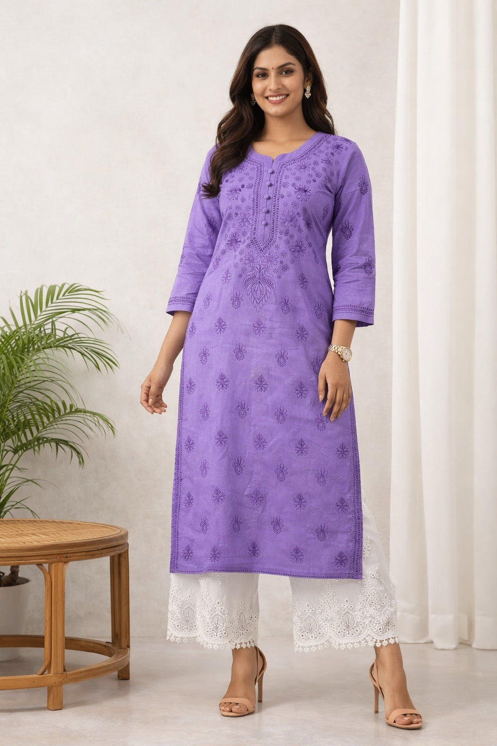 Karigiri Royal Purple Chikankari Cotton Kurti_KF0083