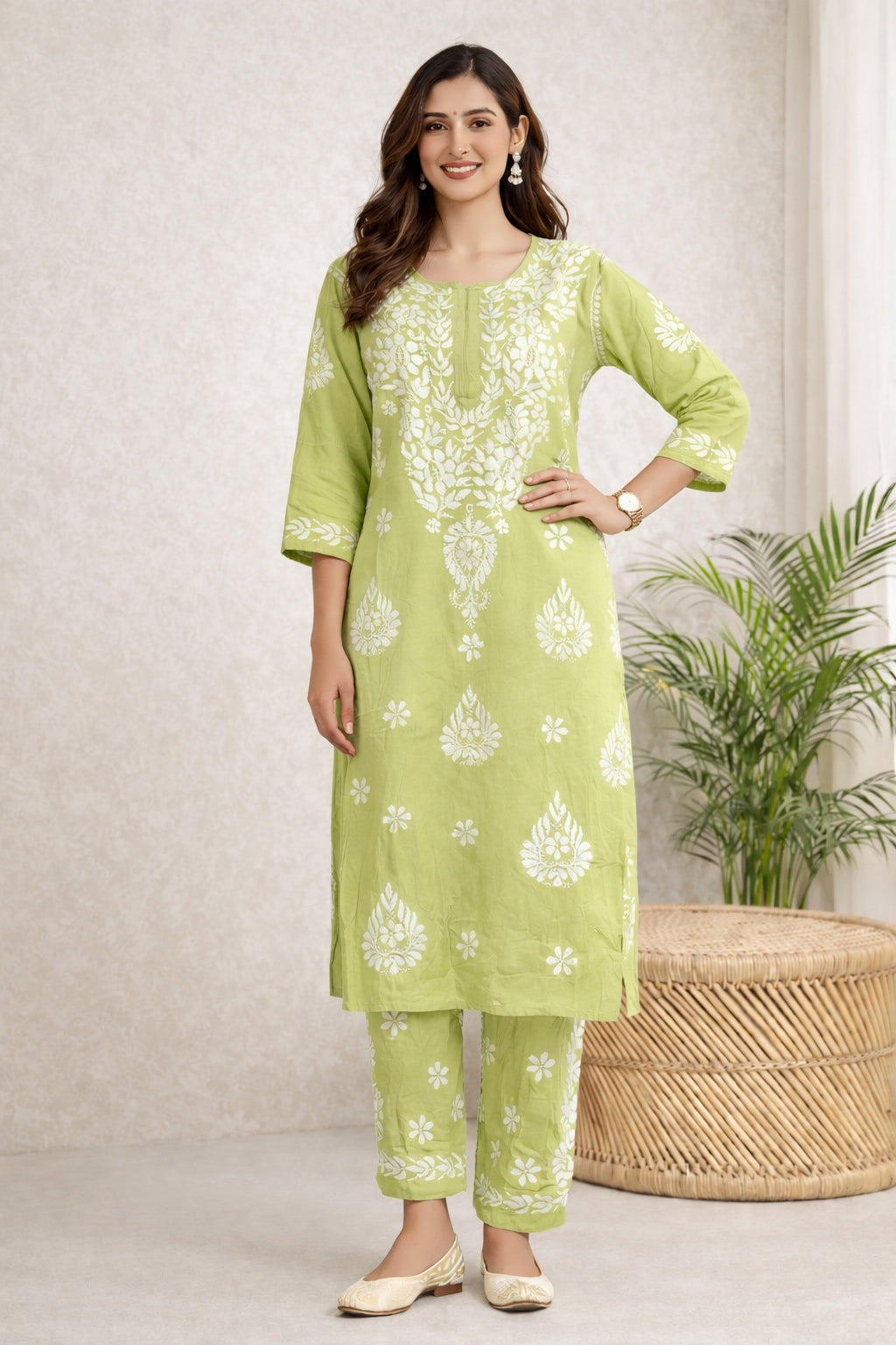 Karigiri Pistachio Green Chikankari Soft Mulmul Cotton Kurti Set_KF0155