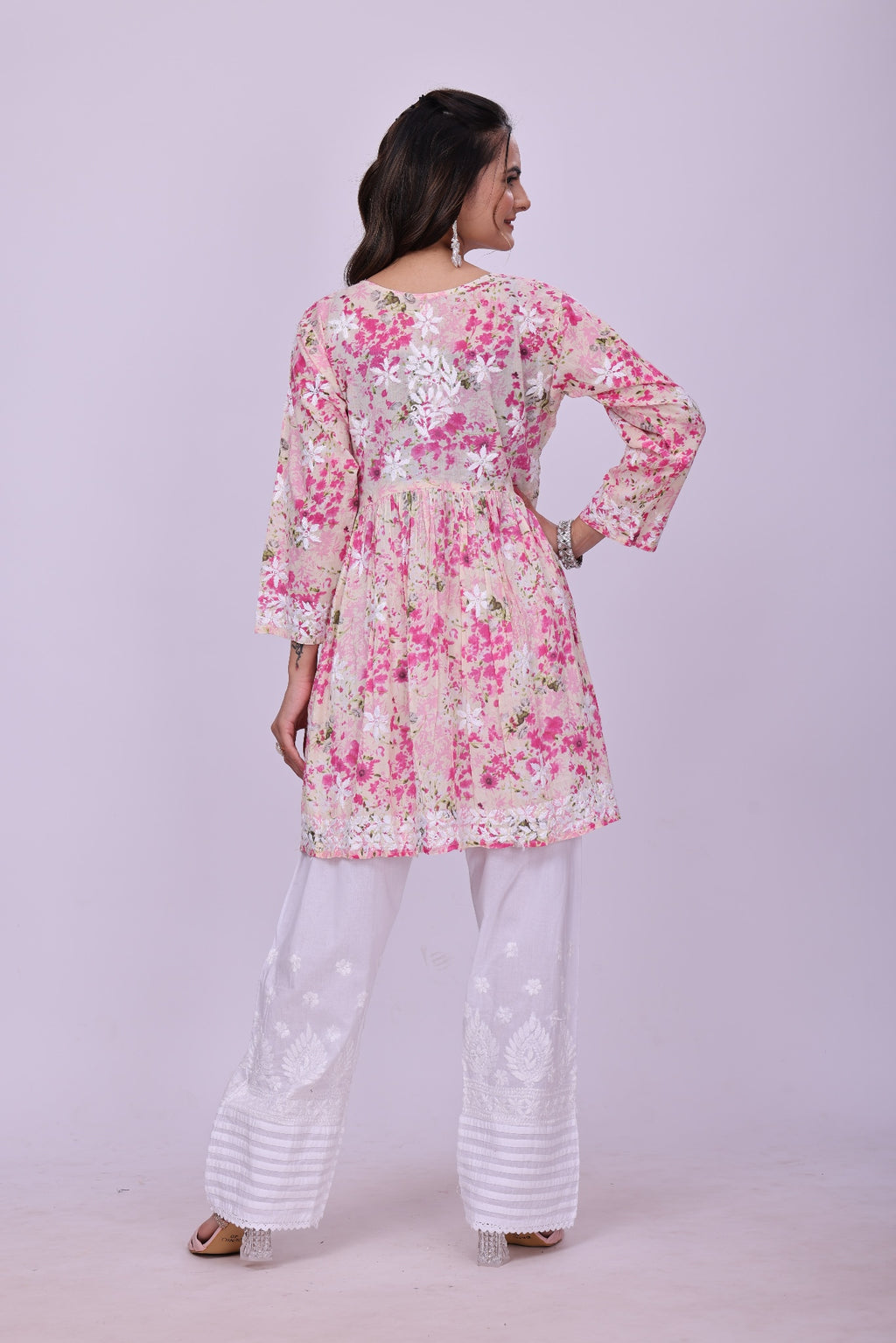 Karigiri Pink Floral Chikankari Frock Style Short Kurti for Women_KF0123