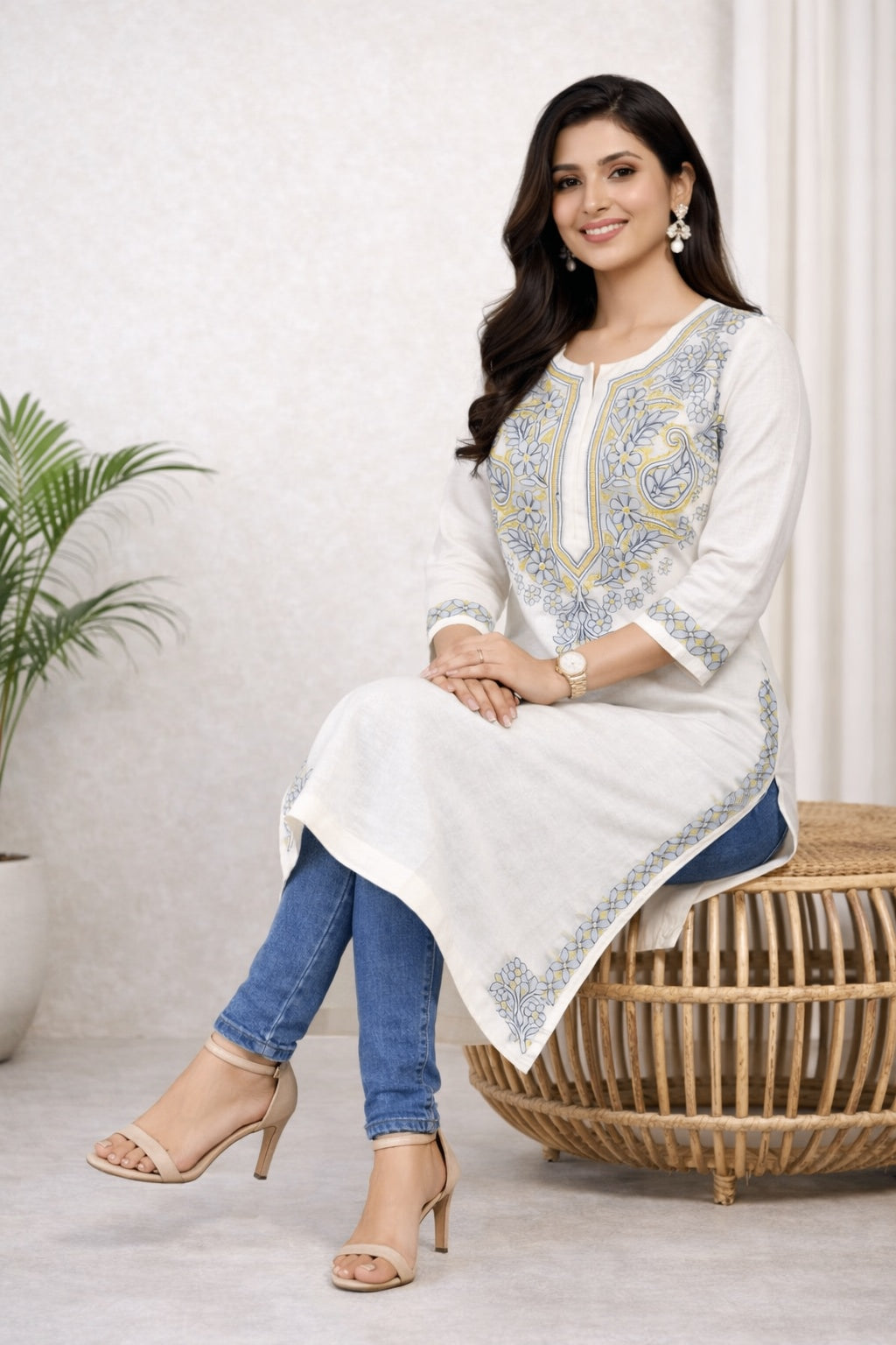 Karigiri Ivory Grey Lucknowi Chikankari Hand Embroidered Cotton Straight Kurta Kurti, 3/4 Sleeve, Calf Length Ethnic Wear for Women