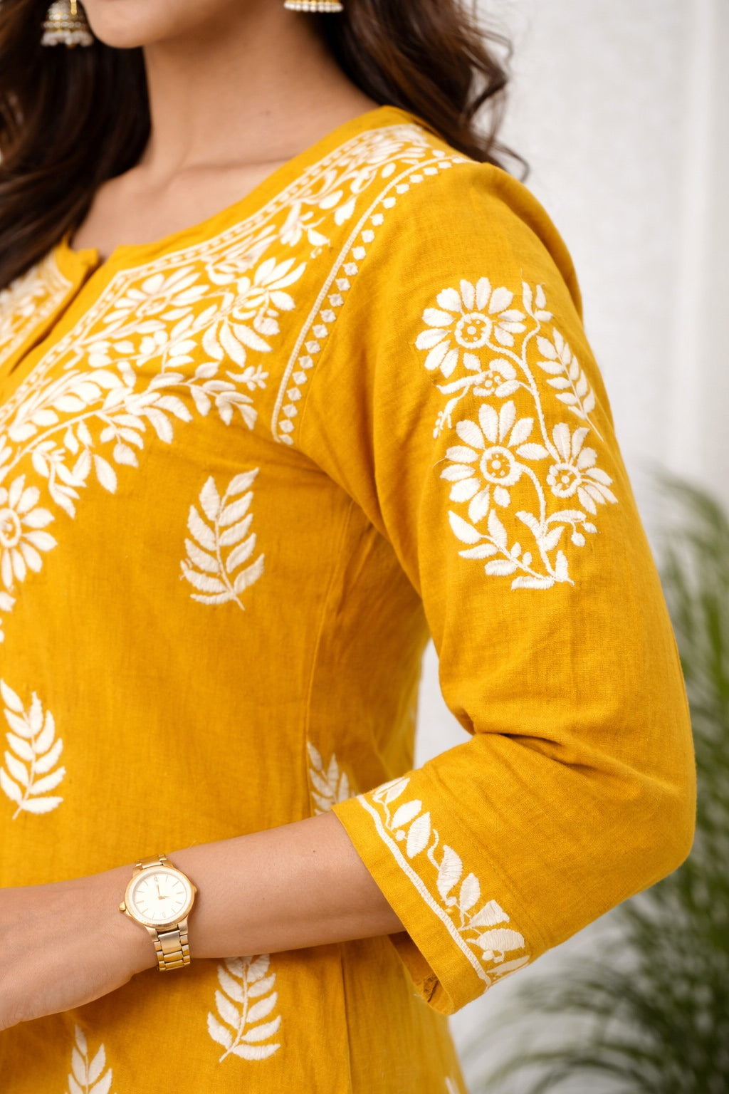 Karigiri Mustard Floral Chikankari Mulmul Cotton Kurti Set_KF0065