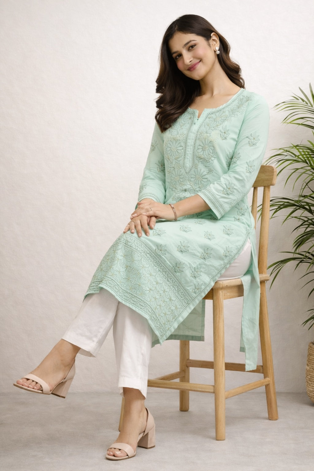 Karigiri Mint Green Chikankari Pure Cotton Kurti Women_KF0090