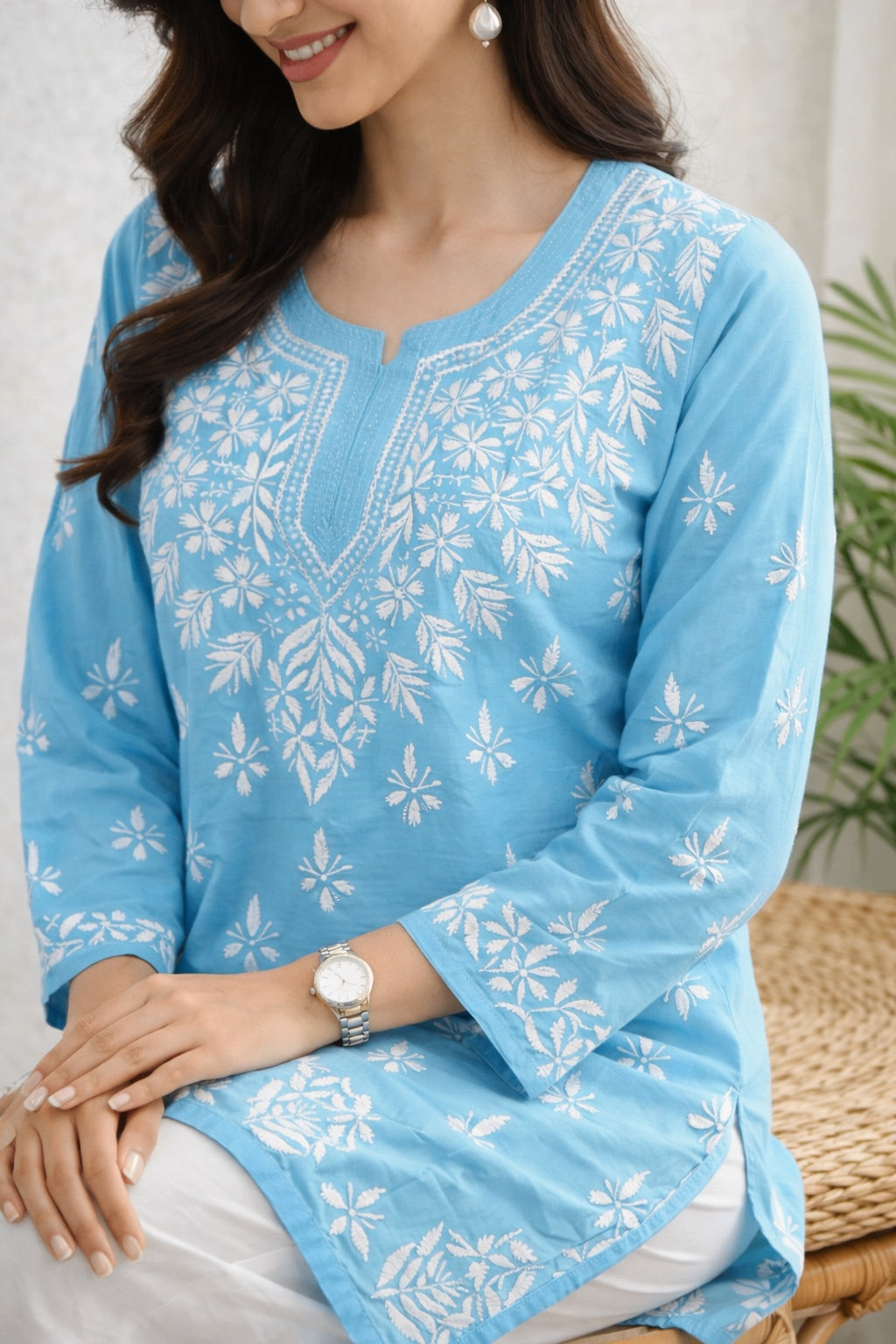 Karigiri Sky Blue Chikankari Rayon Short Kurti_KF0189