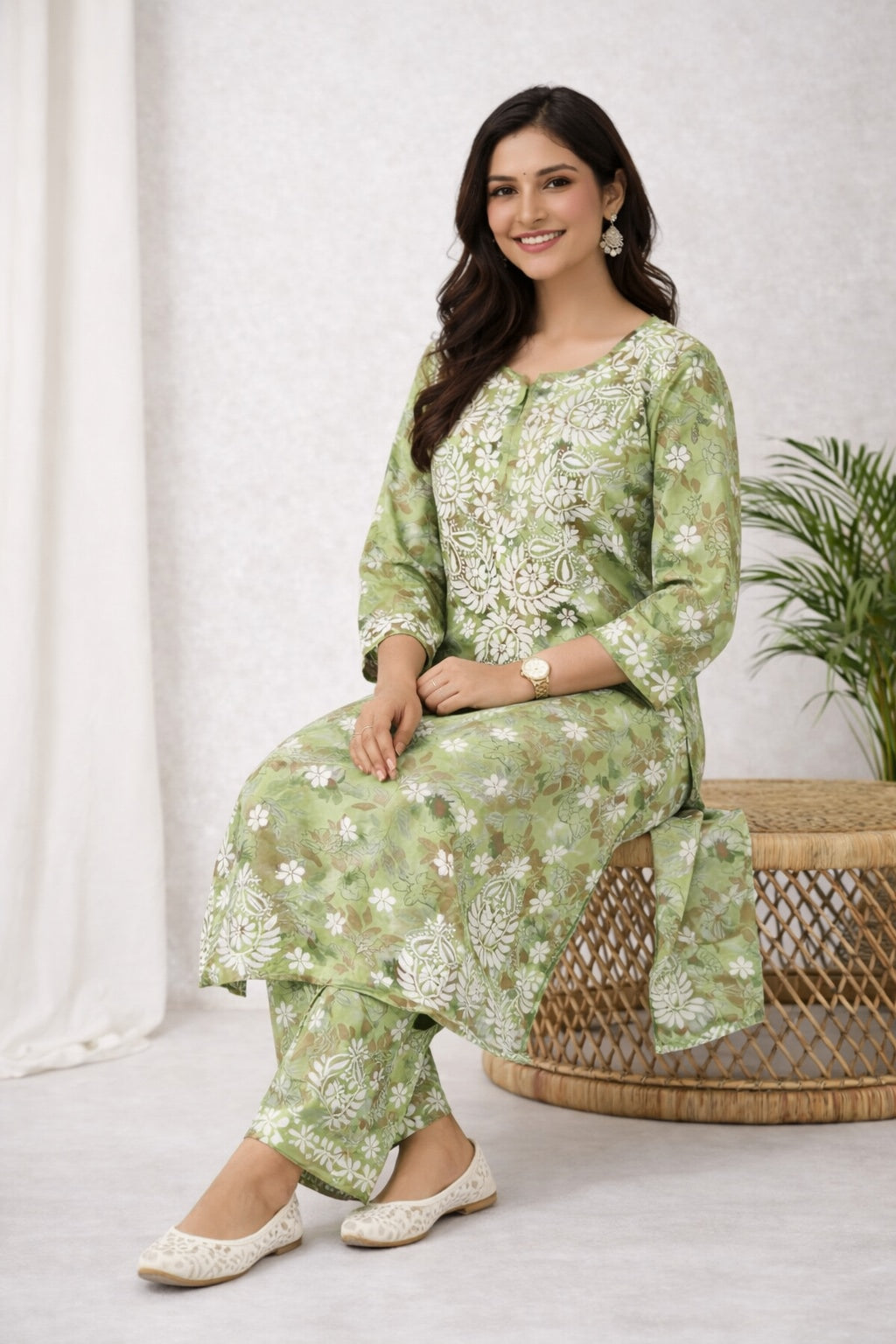 Karigiri Sage Green Floral Chikankari Printed Cotton Kurti Set_KF0167