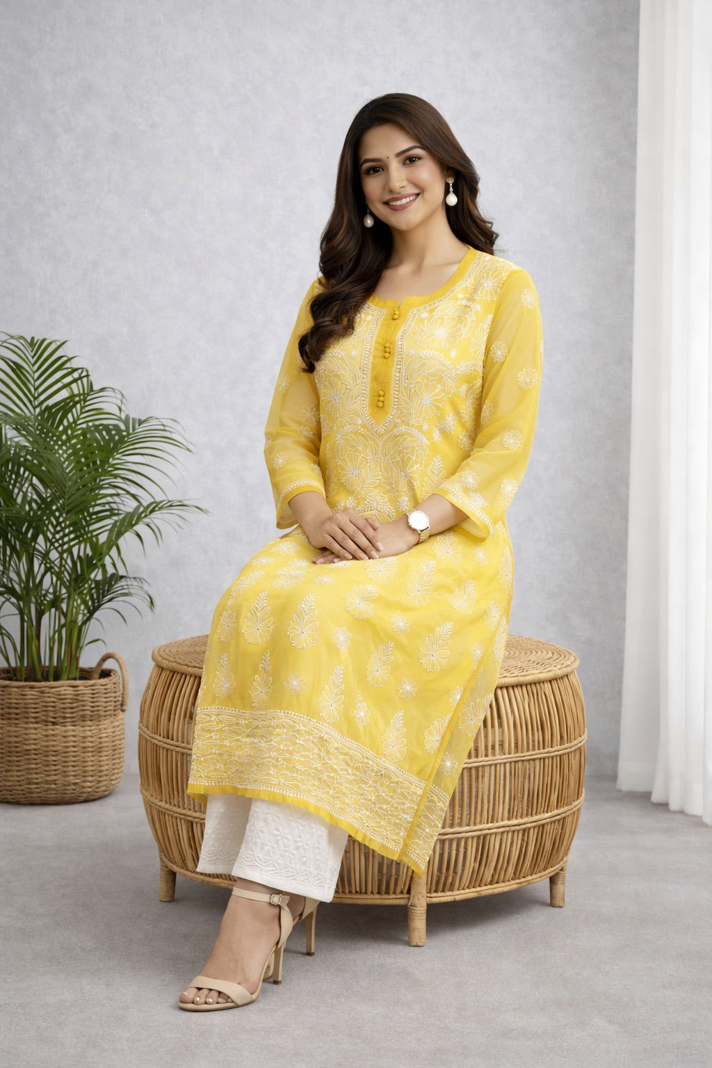 Karigiri Sunshine Yellow Georgette Chikankari Kurti Women_KF0056