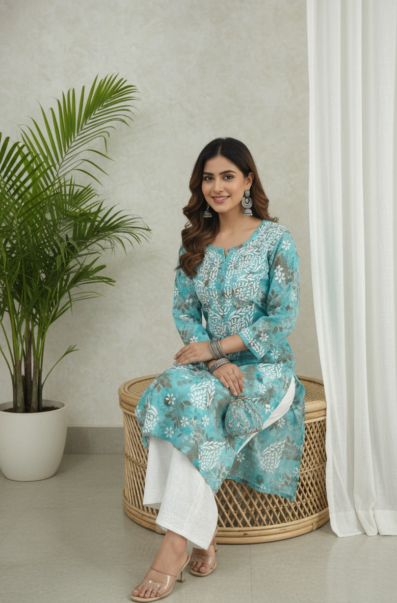 Karigiri Women's Turquoise Blue Lucknowi Chikankari Hand Embroidered Printed Cotton Kurta with White Floral Embroidery, Full Sleeve