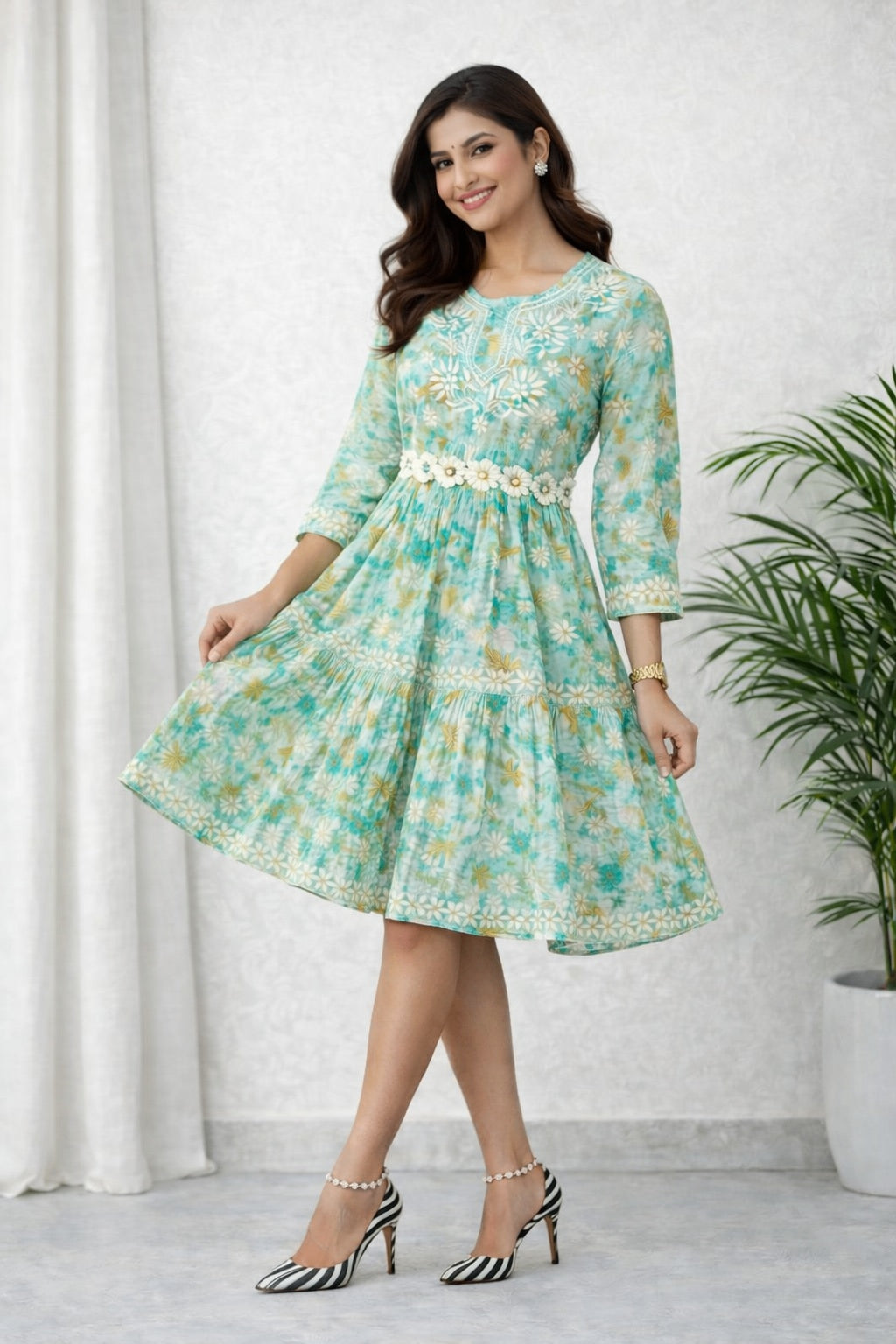 Karigiri Turquoise Blue Floral Printed Cotton Chikankari Frock Kurta_KF0160