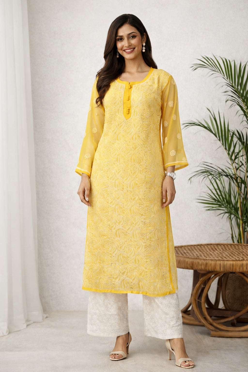 Karigiri Sunshine Yellow Chikankari Georgette Kurti_KF0067
