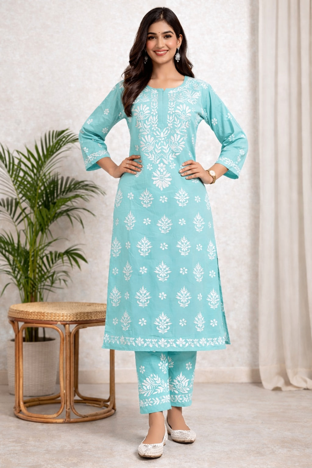 Karigiri Sea Green Chikankari Cotton Kurti Set_KF0165