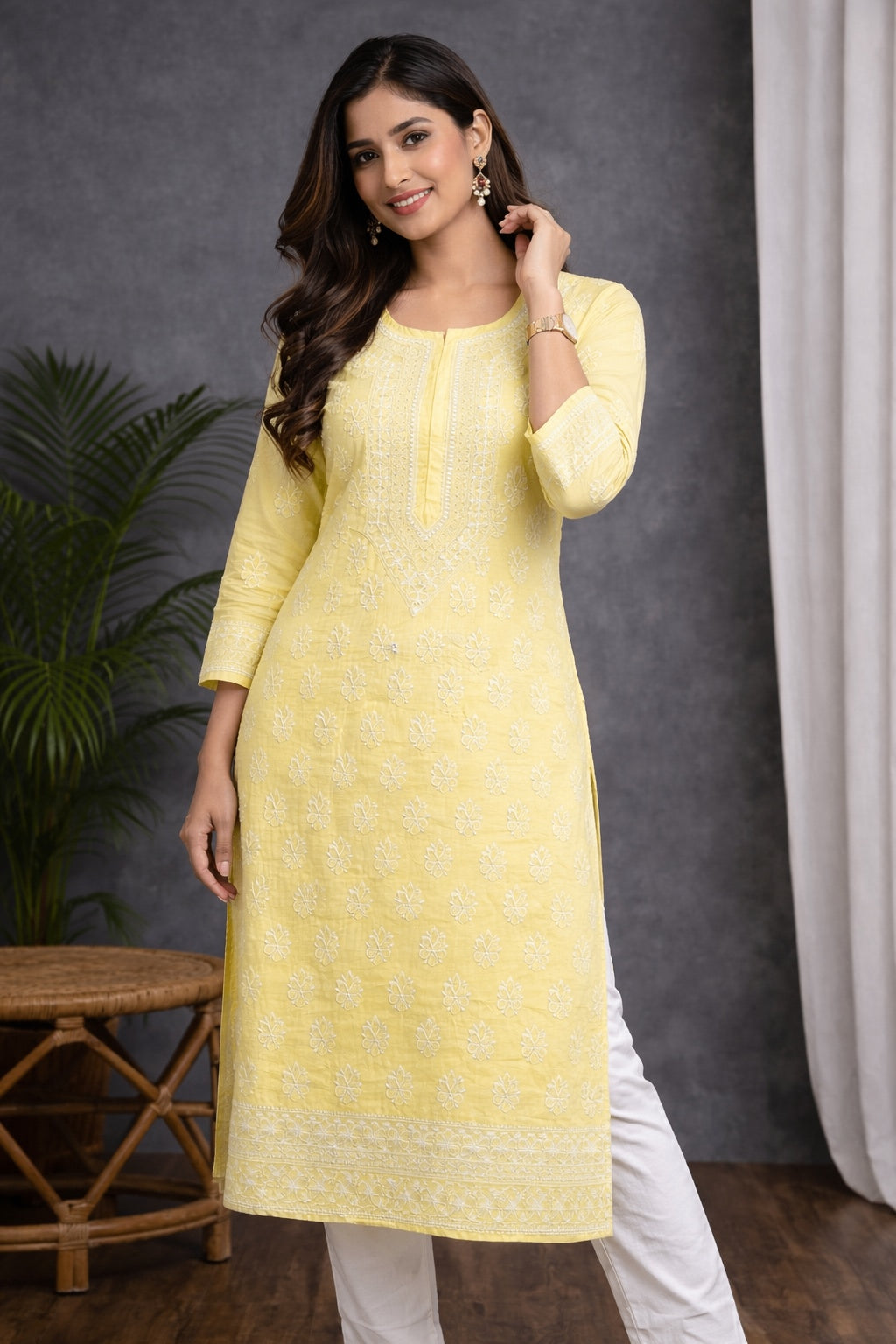 Karigiri Women’s Pure Soft Cotton Kurti, Lemon Yellow with Lucknowi Chikankari Embroidery, Straight Fit, Round Neck, 3/4 Sleeves