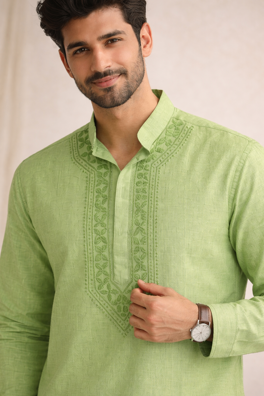 Karigiri Green Chikankari Pure Cotton Men's Kurta_KF0035