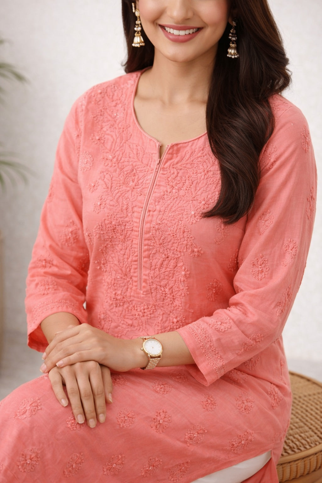 Karigiri Peach Chikankari Rayon Cotton Kurti Women_KF0097