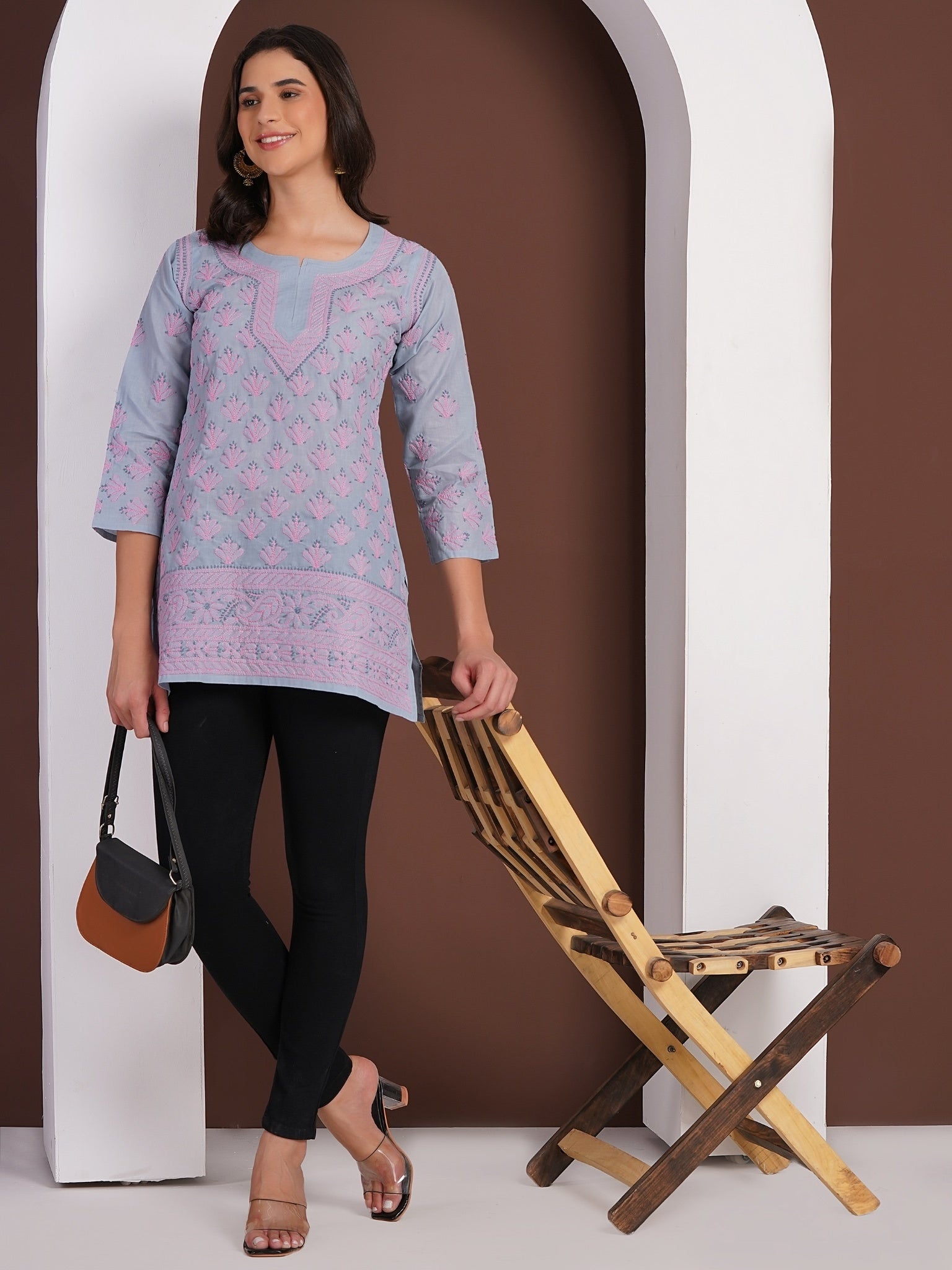 Karigiri Lucknowi Chikankari Hand Embroidered Pure Cotton Gray Short Kurti, 3/4 Sleeve, Ethnic Wear for Women