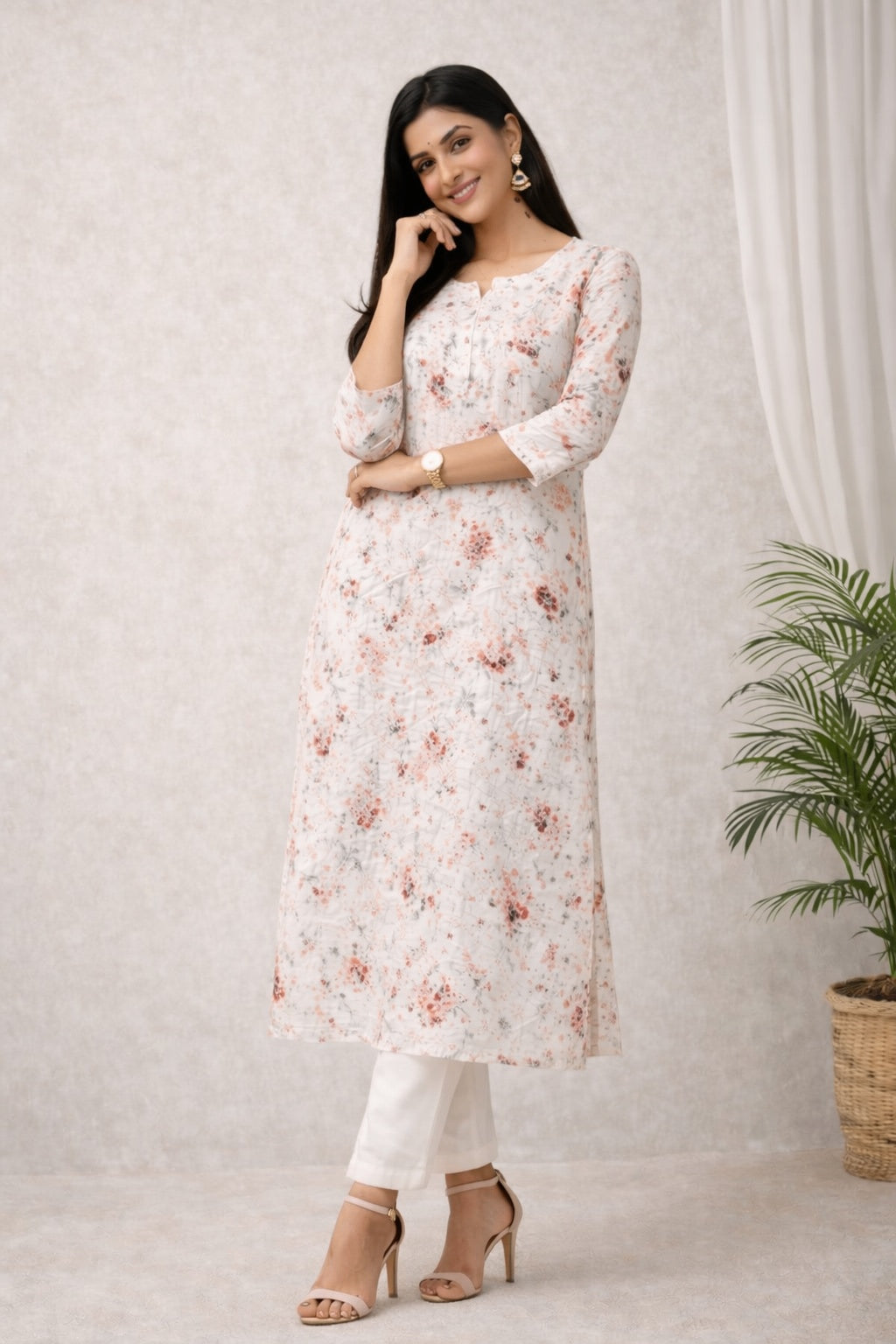 Karigiri Off-White Peach Floral Printed Chikankari Kurta_KF0215