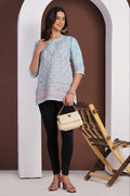 Karigiri Powder Blue Chikankari Hand Embroidered Pure Cotton Straight Hip Length Short Kurti, 3/4 Sleeve