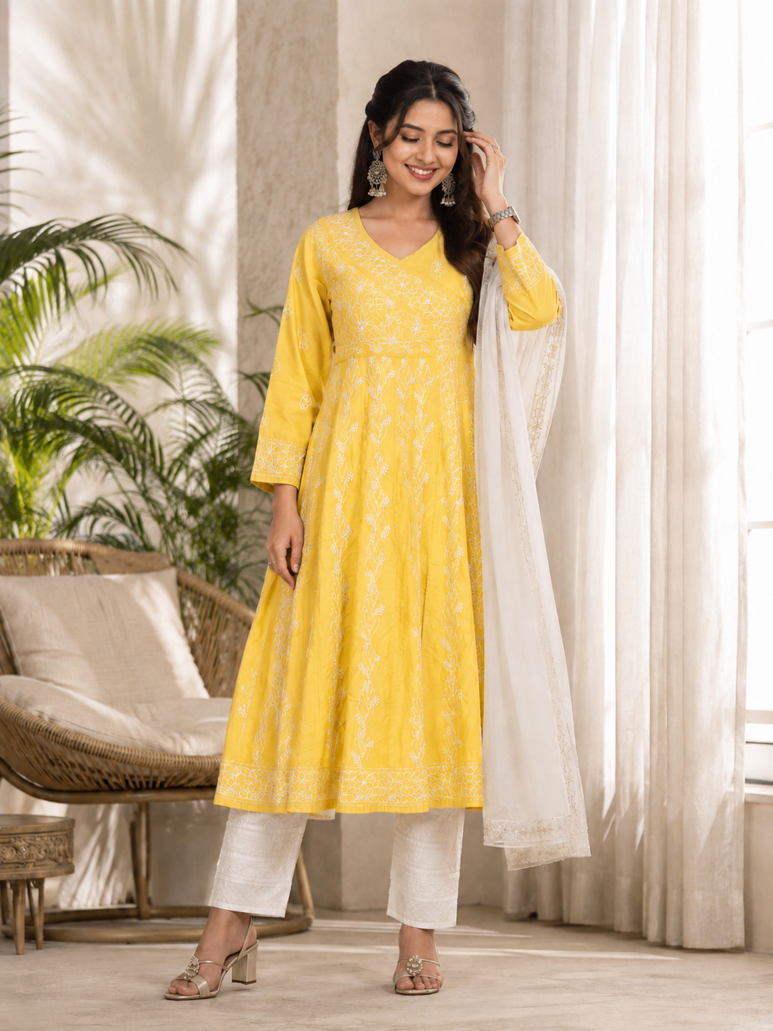 Karigiri Sunshine Yellow Hand Embroidered Chikankari Cotton Anarkali Kurti