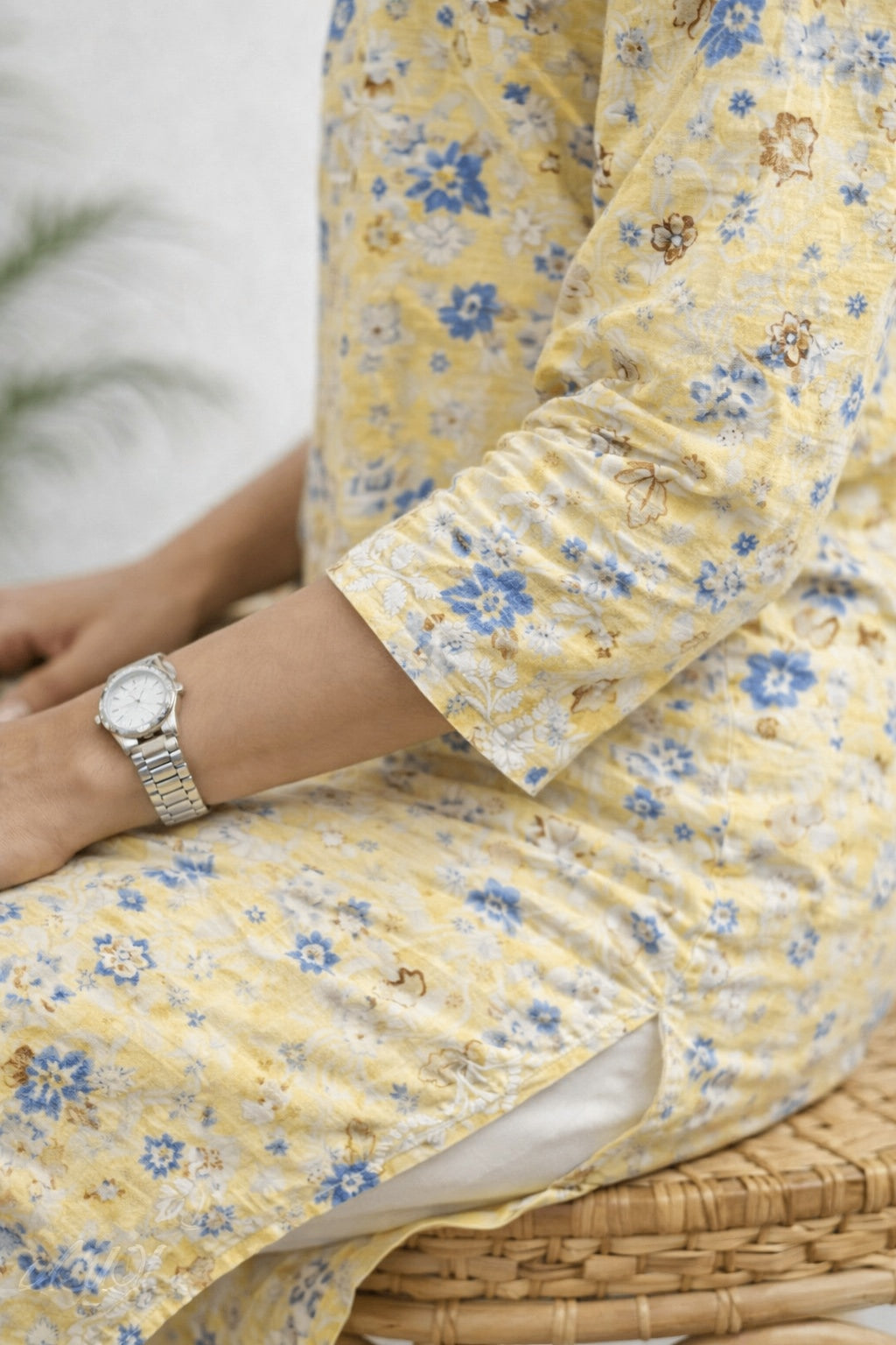 Karigiri Yellow Lucknowi Chikankari Hand Embroidered Long Kurti, Straight Fit, Calf Length, Floral Printed Cotton Fabric, Three-Quarter Sleeves, Round Neck