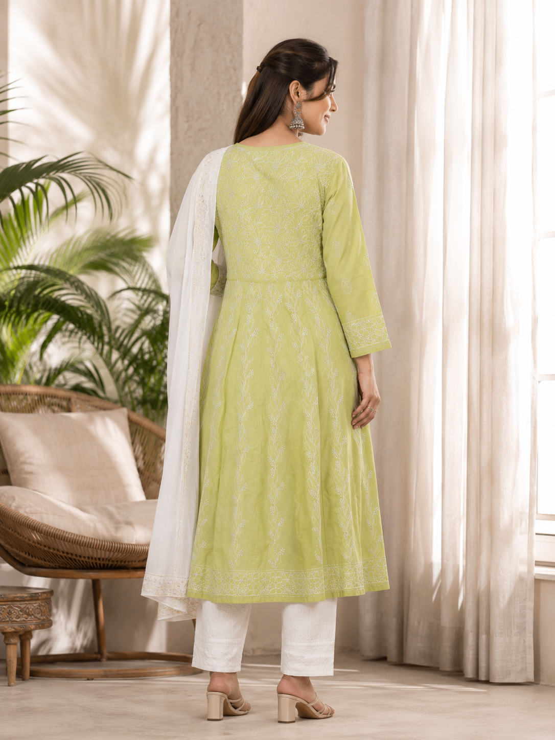 Karigiri Pistachio Green Hand Embroidered Chikankari Cotton Anarkali Kurti