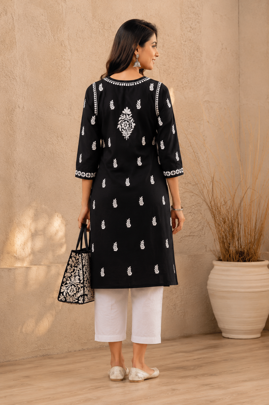 Karigiri Black Lucknowi Chikankari Hand Embroidered Soft Mulmul Cotton Straight Kurti for Women_KFB0412