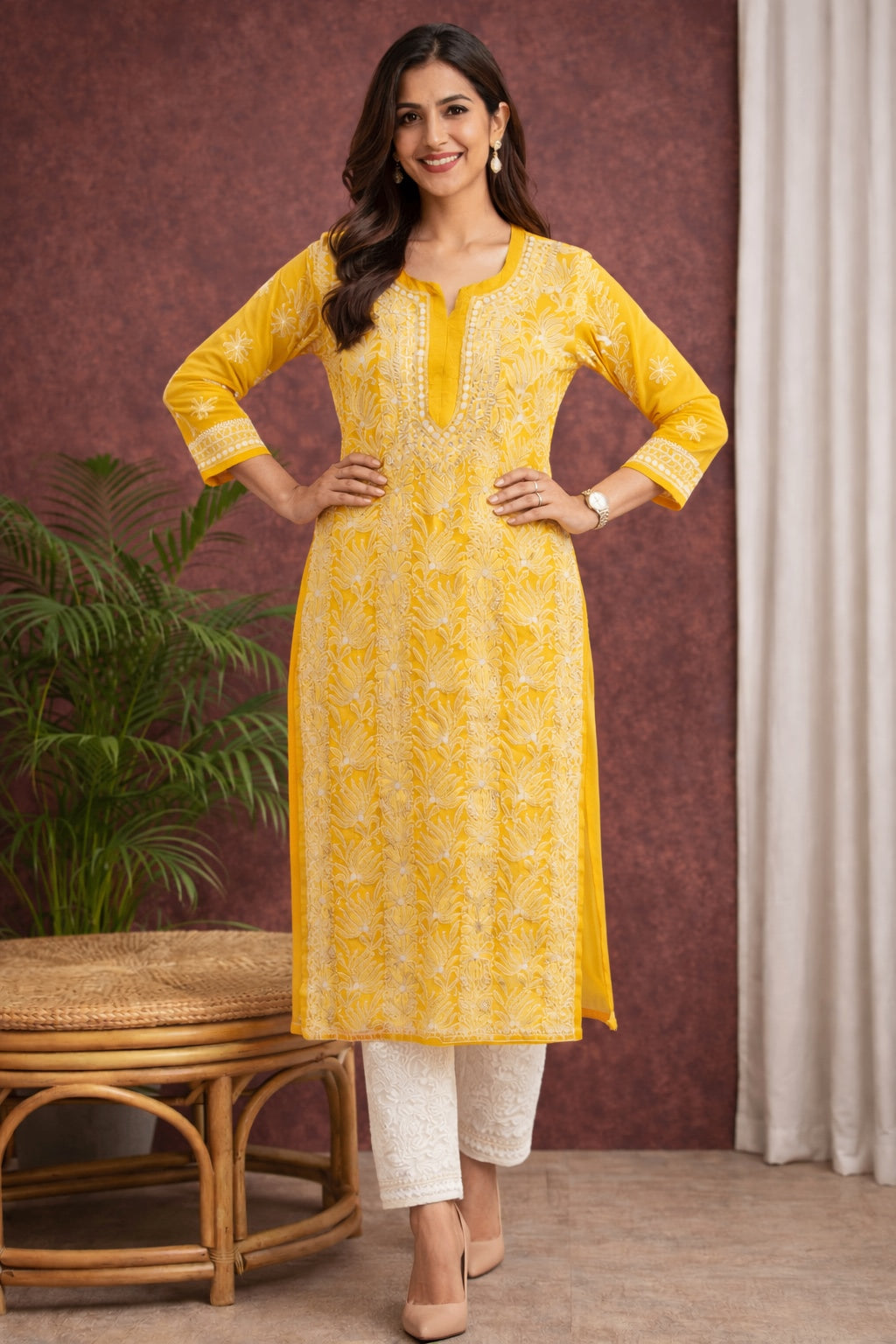 Karigiri Mustard Yellow Georgette Chikankari Kurti Women_KF0132