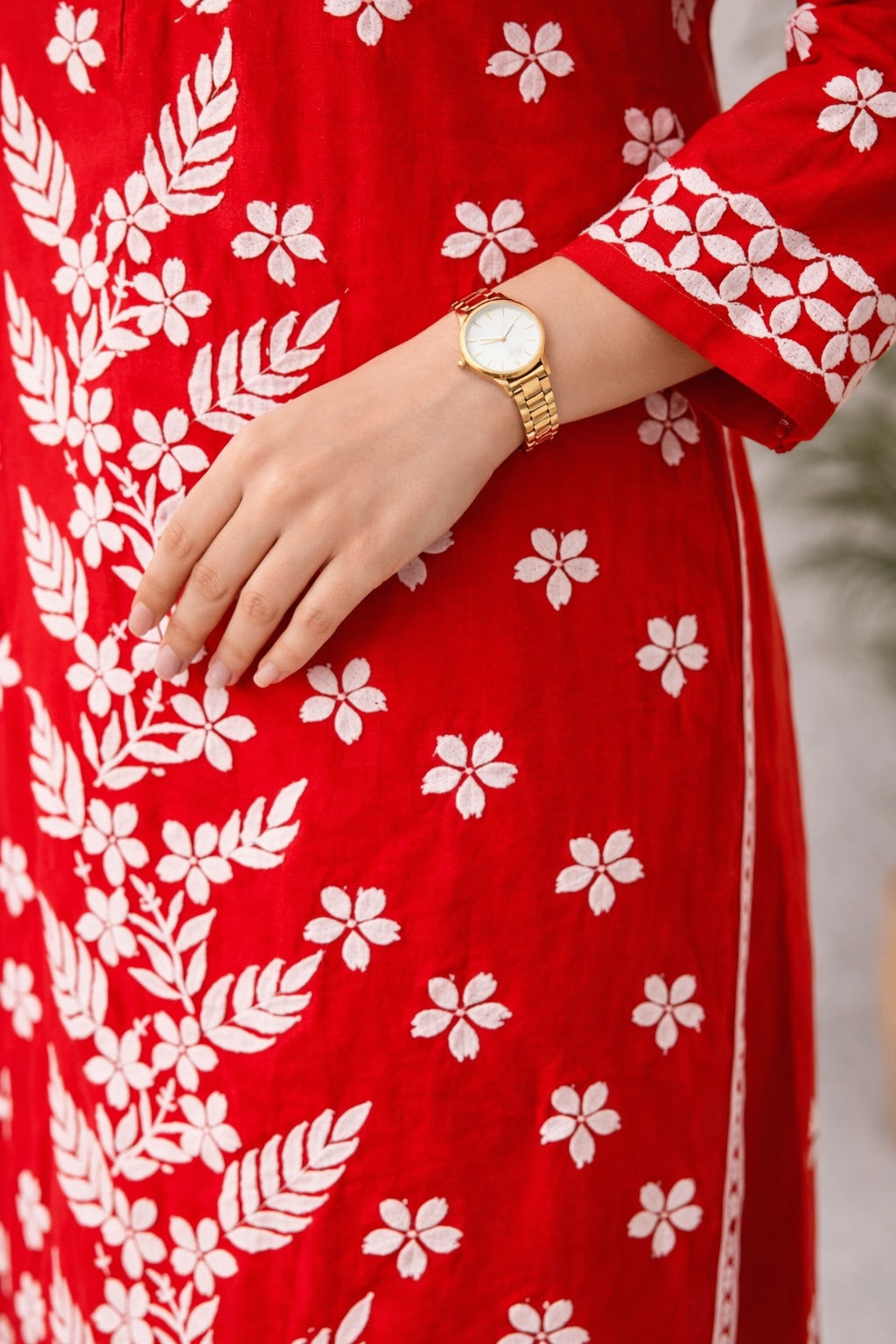 Karigiri Red Floral Chikankari Soft Mulmul Cotton Kurti Set_KF0164