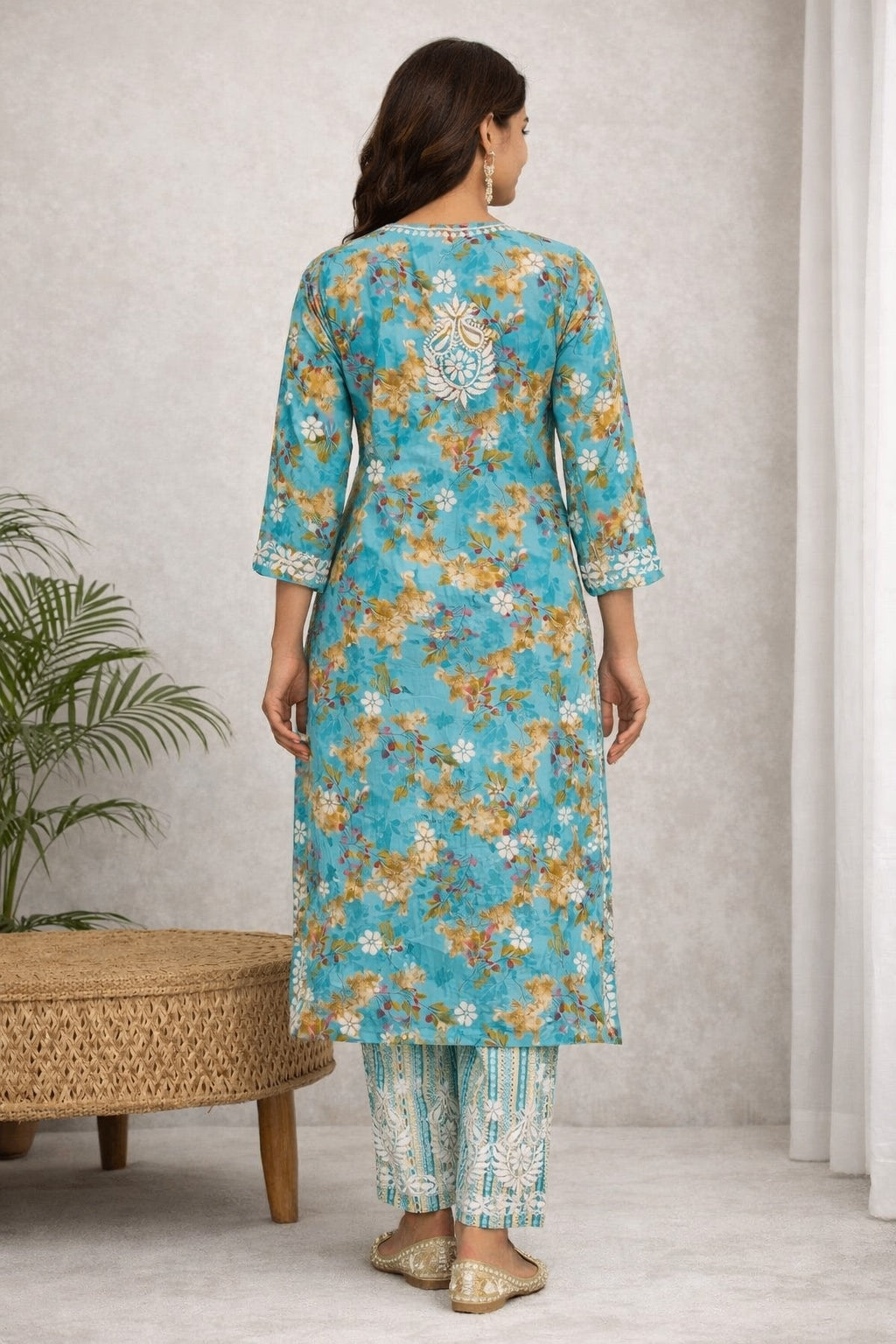 Karigiri Turquoise Blue Chikankari Printed Cotton Kurti Set_KF0192